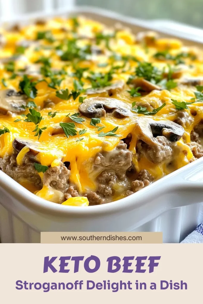 Discover the ultimate Keto beef stroganoff casserole that's perfect for your low carb lifestyle! This easy keto dinner recipe features a savory blend of ground beef, mushrooms, and cauliflower rice casserole, topped with creamy sour cream and melted cheddar cheese. Enjoy a delicious, gluten-free beef stroganoff that your whole family will love. Save this recipe and elevate your dinner game! #KetoBeefStroganoff #LowCarbBeefCasserole #GlutenFreeRecipe #EasyKetoDinner