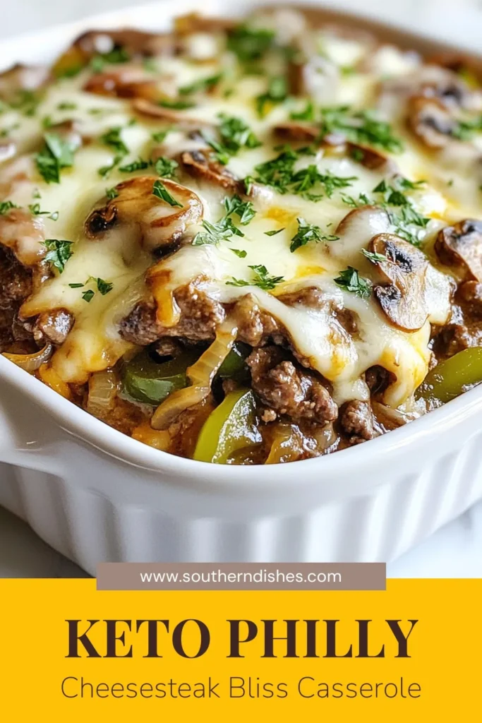 Indulge in this Keto Philly Cheesesteak Casserole, the ultimate low carb beef casserole that delivers all the flavors of a classic Philly cheesesteak! This creamy cheesesteak recipe is gluten free and easy to make, perfect for a quick keto dinner recipe any night of the week. Satisfy your cravings today and discover your new favorite dish! Save this recipe for later! #KetoCasserole #LowCarbRecipes #Cheesesteak #GlutenFreeCooking