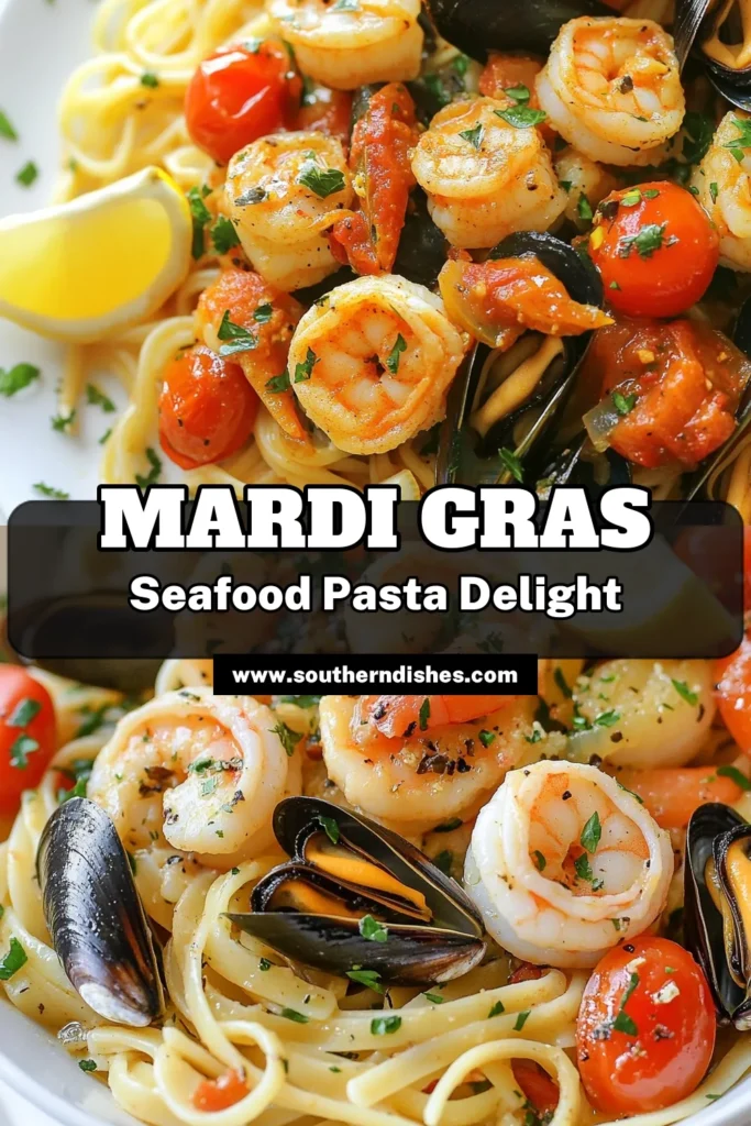 Celebrate Mardi Gras with this delicious Mardi Gras seafood pasta! This easy seafood pasta dish combines shrimp and mussels linguine, packed with flavor from Cajun seasoning and fresh veggies. Perfect for festive gatherings, this Cajun seafood pasta recipe is sure to impress your guests. Try this simple recipe and make your Mardi Gras celebration unforgettable! Save this festive pasta for Mardi Gras now! #SeafoodPasta #MardiGrasRecipe #CajunCuisine #EasyCooking