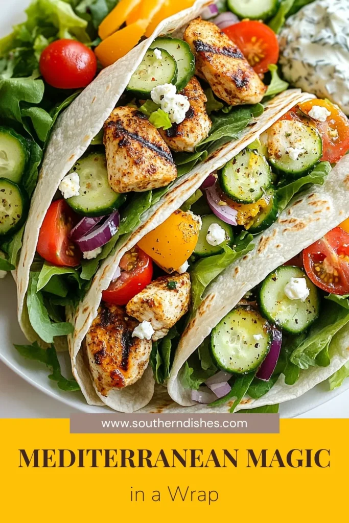 Discover the deliciousness of Mediterranean chicken wraps with this healthy chicken wrap recipe! Packed with grilled chicken, fresh veggies, and creamy tzatziki sauce, these easy Mediterranean lunch ideas are perfect for a quick meal. Whip up these grilled chicken tortilla wraps in just 30 minutes for a satisfying and nutritious dish. Save this recipe for your next lunch! #MediterraneanChickenWraps #HealthyRecipe #LunchIdeas #TzatzikiSauce