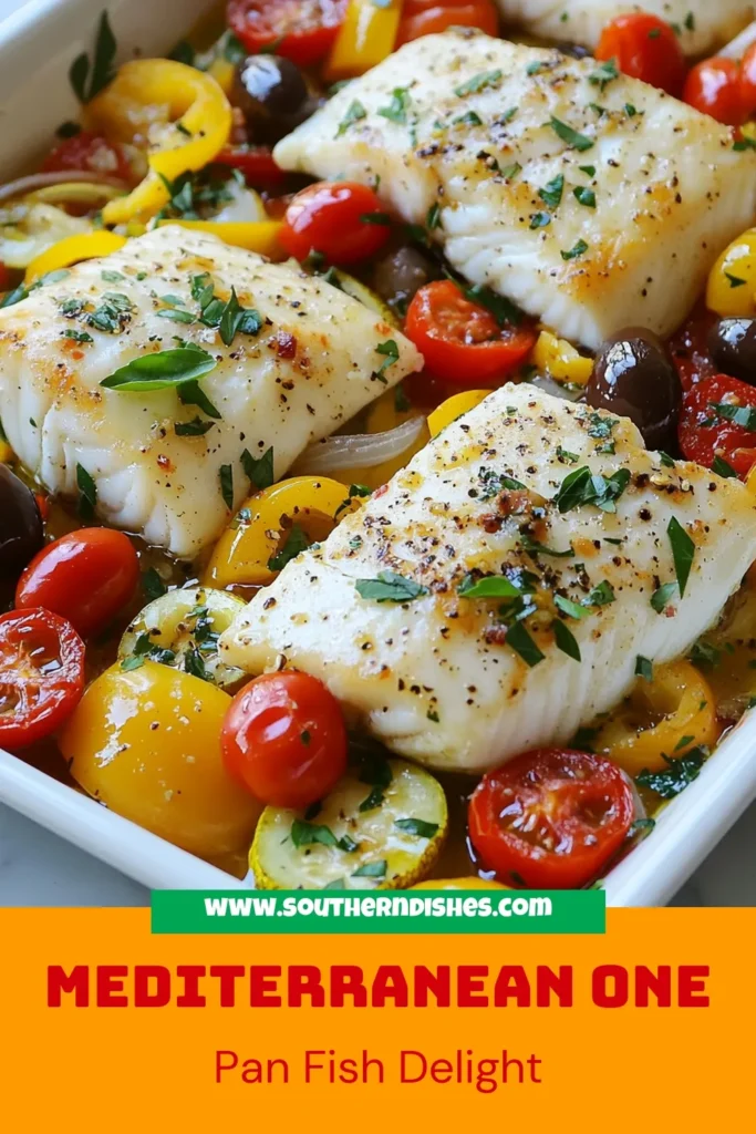 Discover this delicious Mediterranean baked fish recipe that will transform your dinner routine. This one-pan fish dinner combines healthy baked fish with vibrant veggies like zucchini, bell peppers, and cherry tomatoes, making it a perfect Mediterranean diet fish dish. Ready in just 40 minutes, this easy fish recipe is ideal for busy weeknights. Try it today and elevate your healthy eating! Save for later! #MediterraneanDiet #HealthyEating #OnePanDinner #EasyFishRecipes