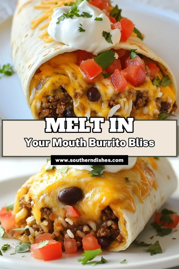 Indulge in this mouthwatering Beefy Melt Burrito Copycat that will redefine your beef burrito recipe! Packed with cheesy goodness, this easy burrito recipe features a delicious homemade burrito filling, seasoned perfectly with taco seasoning beef, black beans, and cheddar cheese. Perfect for family dinners or a hearty snack. Try this cheesy burrito today! Save it for later! #BeefBurrito #CheesyBurrito #EasyRecipes #HomemadeBurrito