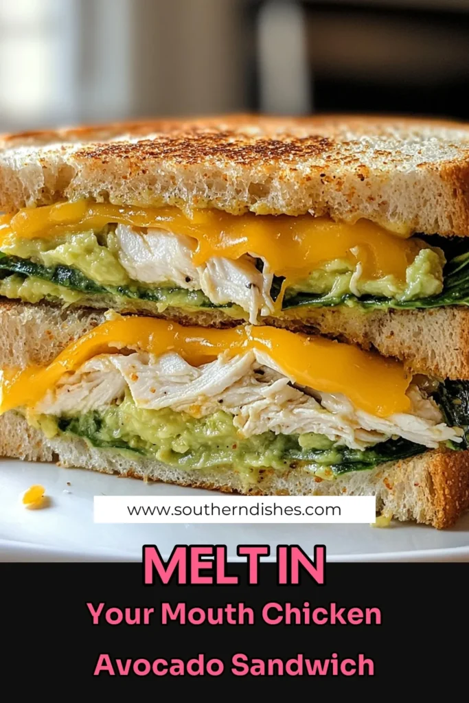 Indulge in this Savory Chicken Avocado Melt that takes your taste buds to the next level! This Chicken Avocado Sandwich Recipe combines shredded chicken, creamy avocado, and melted cheddar cheese on healthy whole grain bread. Perfect for lunch or a light dinner, this Healthy Grilled Sandwich is quick to make and utterly delicious. Grab your ingredients and create this Whole Grain Avocado Melt tonight! #HealthyEating #ChickenAvocadoMelt #GrilledSandwich #AvocadoRecipes