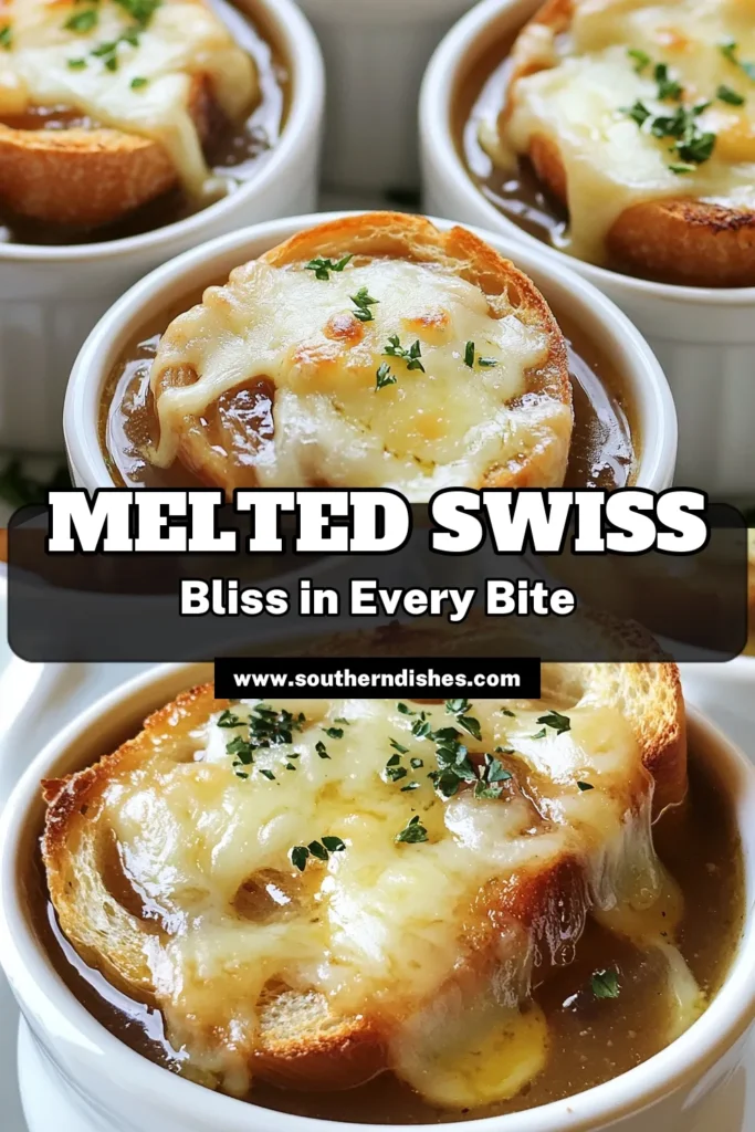 Warm up with the ultimate French onion soup recipe that features savory Swiss cheese for a delightful twist on the classic comfort dish. This homemade French onion soup is all about caramelized onion goodness, topped with crispy baguette and gooey melted Swiss cheese. It's an easy Swiss cheese soup that's perfect for chilly evenings. Get the full recipe and bring cozy vibes to your table! Save and share! #FrenchOnionSoup #HomemadeSoup #ComfortFood #SwissCheese