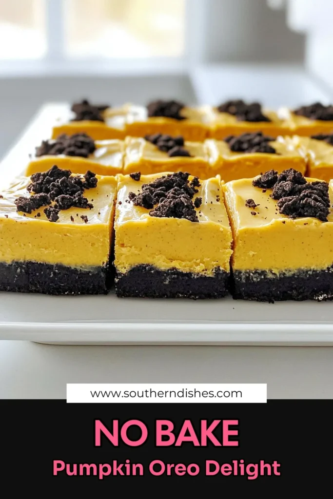 Indulge in the ultimate fall treat with these No Bake Pumpkin Oreo Bars! Made with a buttery Oreo crust and a creamy pumpkin filling, this easy recipe is perfect for any dessert lover. In just 20 minutes of prep, you can create a delightful dessert that's chilled to perfection, making it ideal for gatherings or cozy nights in. Click through for the full recipe and impress everyone with this delicious treat! #PumpkinDesserts #NoBakeTreats #FallRecipes #Cookies