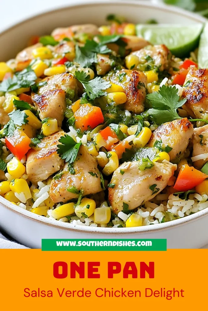 Discover this flavorful Salsa Verde Chicken Skillet, a simple one-pan chicken and rice meal that's packed with deliciousness! This Chicken Rice Skillet Recipe features juicy chicken thighs, zesty salsa verde, and fresh veggies, making it the perfect quick dinner recipe for busy nights. In just 40 minutes, you can enjoy an easy salsa verde chicken dish that your family will love. Save this recipe for your next meal! #SalsaVerdeChicken #QuickDinnerRecipes #OnePanRecipes #EasyCooking