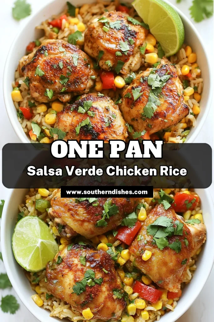 Looking for a delicious weeknight meal? Try this Salsa Verde Chicken Rice Skillet! This One-Pan Chicken Rice Recipe is packed with flavors and is an easy chicken and rice dinner that your family will love. Made with brown rice salsa verde and fresh ingredients, it's perfect for busy nights. Savor every bite and enjoy a quick weeknight dinner recipe that’s both satisfying and nutritious. Save this recipe for later! #SalsaVerdeChickenSkillet #OnePanDinner #EasyChickenAndRice #QuickMeals