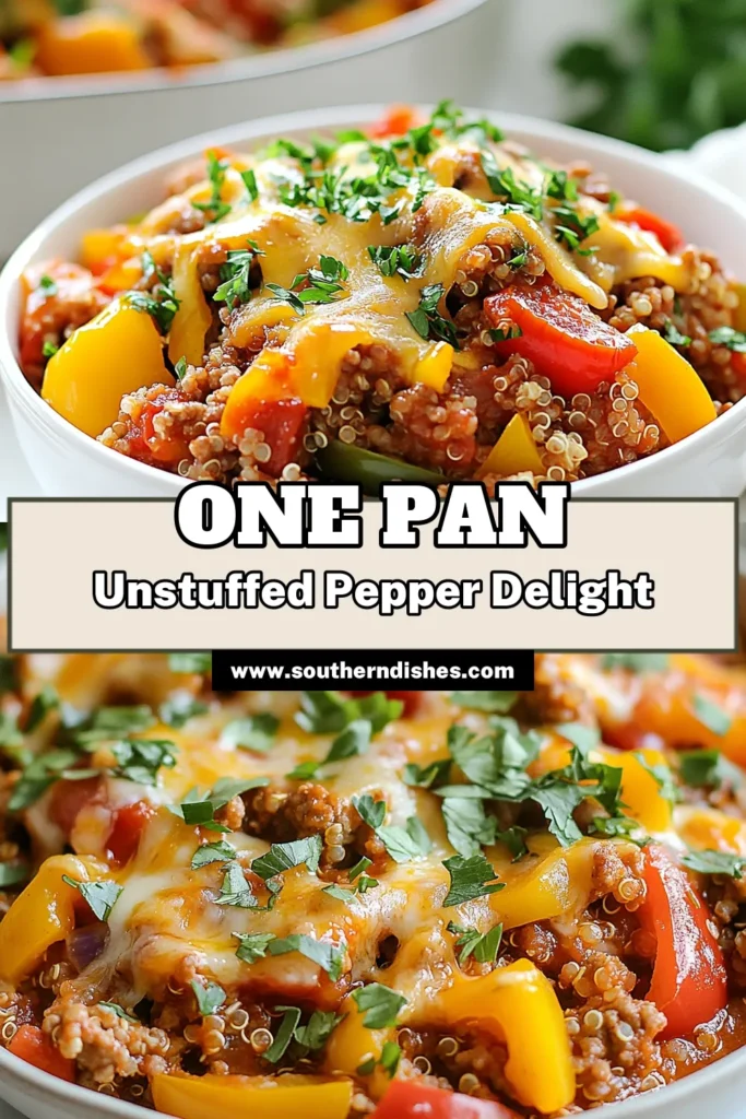 Looking for a quick dinner option? Try this easy unstuffed pepper skillet recipe! Packed with ground turkey, quinoa, and vibrant bell peppers, this healthy quinoa stuffed peppers dish is a weeknight winner. It’s a versatile ground turkey skillet dish that the whole family will love. Make meal prep a breeze with this delicious easy bell pepper recipe. Save this for your next meal! #unstuffedpeppers #groundturkey #quickdinner #mealprep