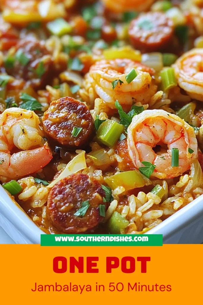 Dive into this One Pot Shrimp and Sausage Jambalaya for a flavorful and easy meal! This Shrimp and Sausage Recipe captures the essence of classic Cajun cooking with a simple, savory blend of spices and fresh ingredients. Perfect as a weeknight dinner, this Easy Jambalaya Recipe comes together in one pot, making cleanup a breeze. Savor the rich taste of this One Pot Cajun Cooking dish and impress your family tonight! Save this recipe and try it out! #OnePotJambalaya #CajunShrimpJambalaya #EasyJambalayaRecipe #OnePotCooking