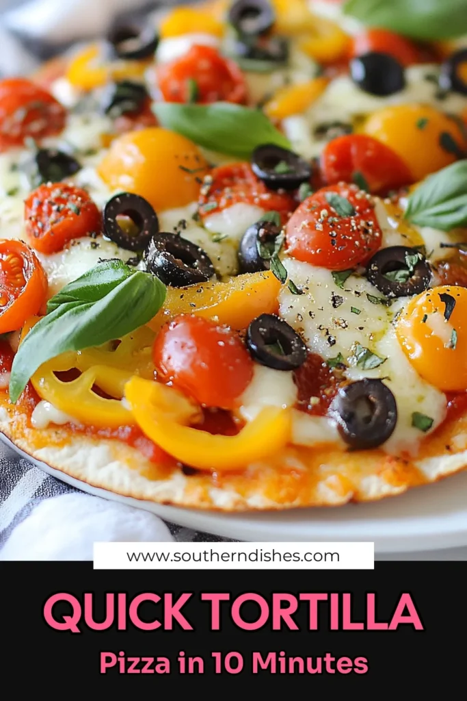 Looking for a quick and delicious meal? Try this easy tortilla pizza recipe that takes just 22 minutes! With simple ingredients like marinara sauce, fresh veggies, and shredded mozzarella, this homemade tortilla pizza is a perfect choice for busy weeknights. Enjoy a satisfying slice of crispy perfection with our quick pizza recipe. Save this for your next mealtime inspiration! #TortillaPizza #QuickPizza #EasyTortillaPizza #HomemadePizza