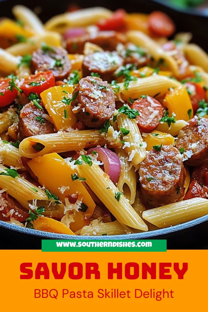 Discover the ultimate comfort food with this flavorful Honey BBQ Sausage Pasta Skillet! This easy skillet meal combines smoked sausage and vibrant vegetables in a delicious one-pan sausage pasta skillet. Perfect for quick pasta dishes, this honey BBQ sausage pasta is ready in just 30 minutes. Get your family to the dinner table in no time! Save this recipe for busy weeknights! #SausagePasta #OnePanMeals #QuickDinner #EasyRecipes