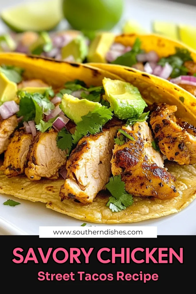 Discover the savory delight of Chicken Street Tacos, an easy taco recipe bursting with flavor! These grilled chicken tacos feature juicy marinated chicken thighs, topped with fresh cilantro, red onion, and creamy avocado. Perfect for any night, these authentic street tacos bring a taste of Mexico to your kitchen. Try this must-have recipe today and elevate your taco game! Save for your next meal! #ChickenStreetTacos #EasyTacoRecipe #MexicanTacoRecipes #AuthenticTacos