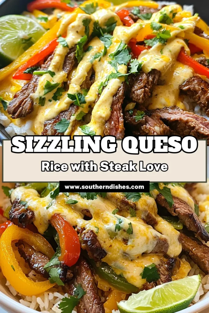 Indulge in this sizzling queso rice with steak strips recipe, the perfect beef and cheese rice dish for any occasion! This easy Mexican rice bowl combines tender flank steak with colorful bell peppers and creamy queso cheese sauce. Enjoy a delightful burst of flavors in every bite. Ready to impress your taste buds? Save this delicious queso cheese sauce recipe for your next meal! #QuesoRice #SteakStrips #MexicanCuisine #EasyRecipes