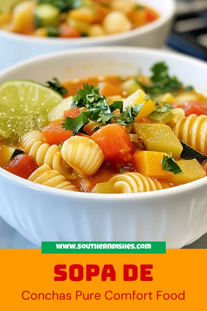 Discover the deliciousness of Sopa de Conchas with this easy sopa de conchas recipe! This concha pasta soup is packed with vibrant vegetables and is perfect for a cozy meal. Made with healthy ingredients and using a vegetable broth soup recipe for rich flavor, this Mexican shell pasta recipe is nutritious and satisfying. Try this healthy pasta soup today! Save the recipe for later and bring some warmth to your table! #SopaDeConchas #PastaRecipe #HealthyEating #MexicanCuisine