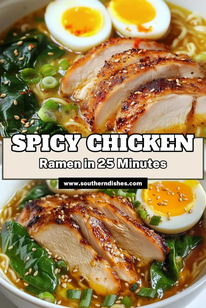 Craving something spicy? Try this delicious Fiery Chicken Ramen recipe! Loaded with tender chicken thighs, a rich chicken ramen broth, and perfectly cooked instant ramen noodles, it's the ultimate comfort food. Don't forget the soft-boiled eggs for that creamy finish! Perfect for spice lovers, this spicy ramen recipe is quick and easy. Save it for your next meal! #FieryChickenRamen #SpicyRamenRecipe #InstantRamenNoodles #SoftBoiledEggsRecipe