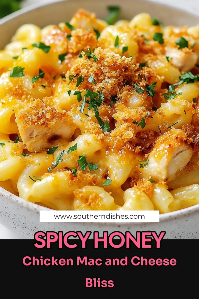 Indulge in the bold flavors of Spicy Honey Chicken Mac and Cheese, the perfect blend of creamy mac and cheese recipe and savory chicken. This easy chicken macaroni dish combines sharp cheddar, mozzarella, and a touch of honey for delicious comfort food recipes. Bake it for a crispy topping or enjoy it creamy straight from the pot! Try this irresistible baked mac and cheese with honey today. Save for your next meal! #ComfortFood #ChickenRecipes #MacAndCheese #EasyRecipes