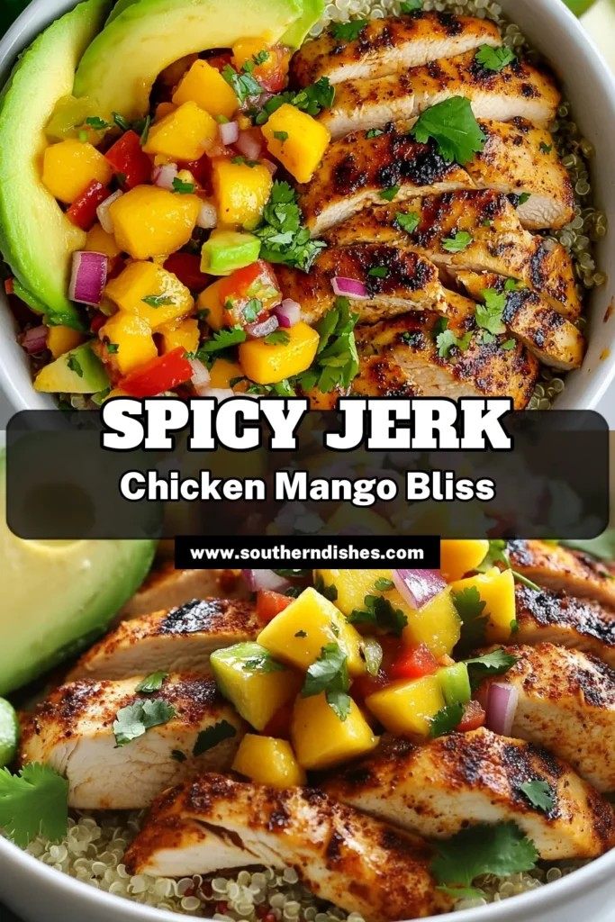 Discover the ultimate jerk chicken recipe with these vibrant mango salsa bowls! Packed with healthy ingredients like quinoa, this recipe is perfect for those searching for nutritious chicken recipes. The grilled chicken avocado salad adds a delicious twist. Enjoy the bright flavors of mango and spice in every bite. Get ready to impress your family and friends. Try this healthy dish today! Save this for your next meal! #JerkChicken #MangoSalsa #HealthyRecipes #QuinoaBowls