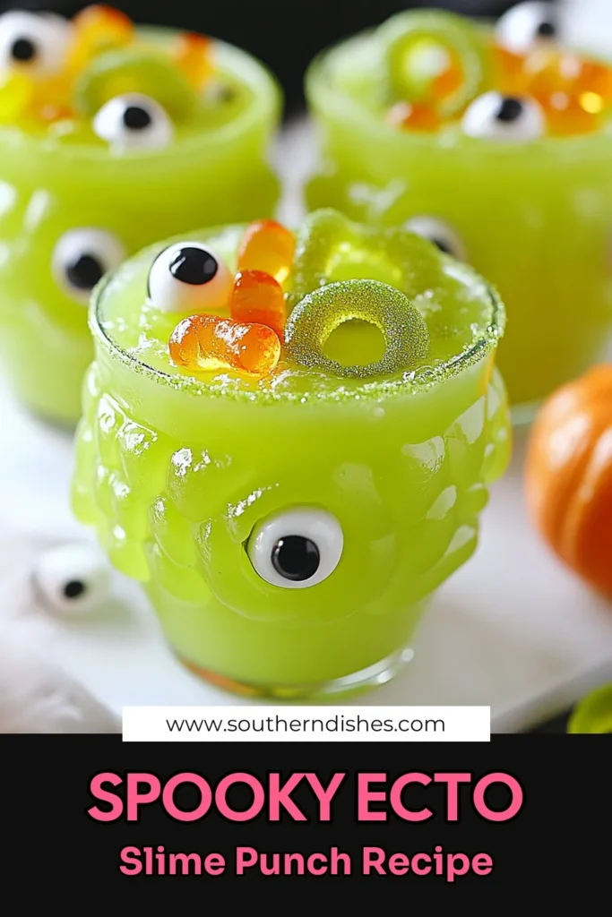 Get ready for a spooky celebration with this Ecto Slime Punch recipe, perfect for Halloween drink ideas! This vibrant green fruit punch recipe combines lime soda, pineapple juice, and kiwi puree for a deliciously spooky party beverage. Garnish with gummy worms and eyeball candies to elevate your fun Halloween cocktails. Don't miss out on impressing your guests—save this recipe now! #HalloweenDrinks #EctoSlimePunch #SpookyBeverages #HalloweenCocktails