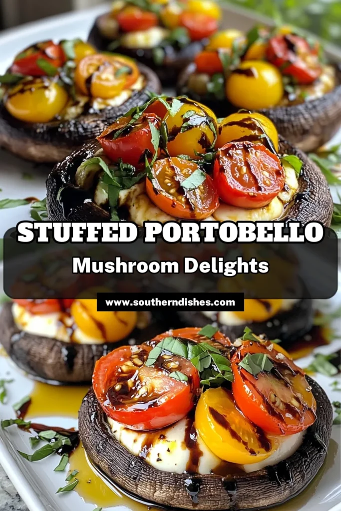 Discover the irresistible flavor of Caprese stuffed mushrooms with this easy Portobello mushroom recipe! These baked Portobello caps are filled with fresh mozzarella, juicy cherry tomatoes, and basil, making them perfect as easy vegetarian appetizers. Enjoy a delightful dish that's simple to prepare and full of flavor. Try these mozzarella stuffed mushrooms today and impress your family and friends! Save for later! #CapreseStuffedMushrooms #PortobelloMushroomRecipe #BakedPortobelloCaps #EasyVegetarianAppetizers