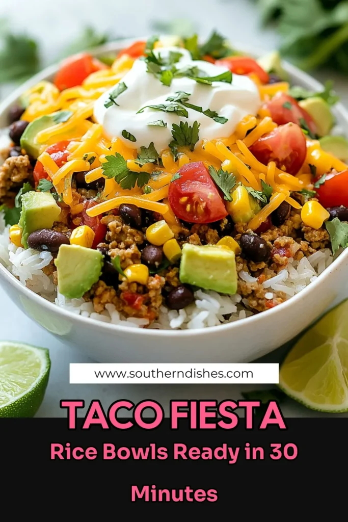 Savor the flavor of these Easy Taco Rice Bowls, perfect for a quick and delightful taco dinner! This ground turkey taco recipe brings a healthy twist to your meal with a delicious fiesta rice bowl recipe. Packed with black beans, corn, and fresh toppings, it's an ideal healthy taco bowl recipe for busy weeknights. Try this simple recipe today and make your meals exciting! Save this for your next dinner idea! #TacoRiceBowls #HealthyDinner #EasyRecipes #GroundTurkeyRecipes