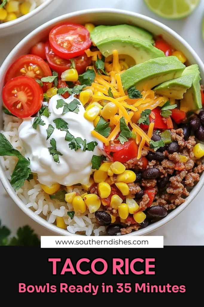 Discover the ultimate Taco Rice Bowls recipe that's a perfect blend of flavor and convenience! This easy taco bowl recipe features ground beef taco bowls packed with black beans, corn, and fresh veggies. Ideal for a healthy taco rice bowl option, it’s a quick weeknight dinner everyone will love. Whip up this delightful dish in just 35 minutes and enjoy customizable, delicious meals. Ready to try it? Save this recipe now! #TacoRiceBowls #EasyTacoBowls #QuickDinnerIdeas #HealthyRecipes