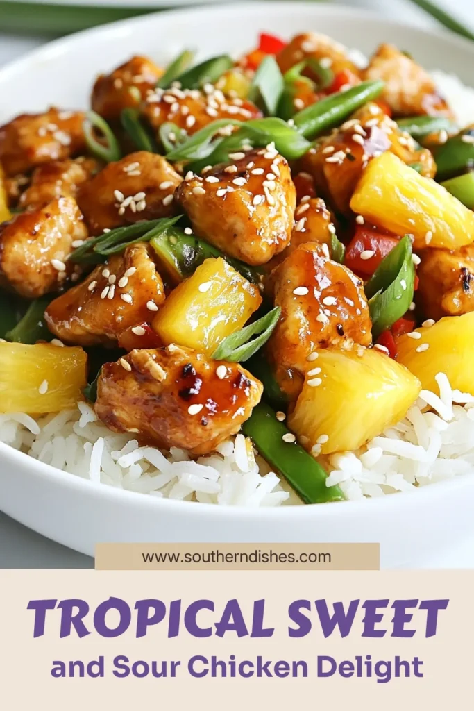 Looking for a quick chicken dinner? Try this tangy tropical sweet and sour chicken recipe! With juicy pineapple chunks and a colorful stir fry of bell peppers and snap peas, this pineapple chicken stir fry is packed with flavor. Serve it over fluffy jasmine rice for a satisfying meal. Perfect for busy weeknights—prepare this delicious dish in just 30 minutes! Save the recipe for later! #SweetAndSourChicken #PineappleChickenStirFry #QuickDinner #JasmineRiceRecipes