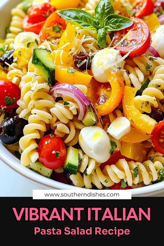 Discover the vibrant flavors of this easy Italian pasta salad that’s perfect for any occasion! This colorful pasta salad recipe combines fusilli or rotini with fresh veggies for a delightful Mediterranean pasta salad. Loaded with cherry tomatoes, cucumbers, olives, and mozzarella, it's not just a vegetable pasta salad; it's a crowd-pleaser. Quick to prepare and bursting with flavor—try it today! Save this recipe for your next gathering! #ItalianPastaSalad #EasyPastaSalad #MediterraneanPastaSalad #PastaRecipes