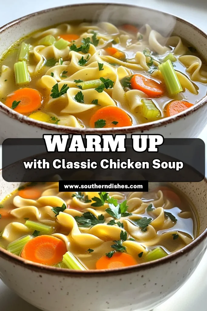 Warm up with the ultimate comfort food: Cozy Classic Chicken Noodle Soup! This easy recipe combines tender chicken, vibrant vegetables, and egg noodles in a flavorful broth, perfect for chilly days. Ready in just 40 minutes, it's a meal that brings the family together. Click through for the full recipe and make your kitchen welcoming with this delicious soup! #ChickenNoodleSoup #CozyRecipes #ComfortFood #SoupSeason