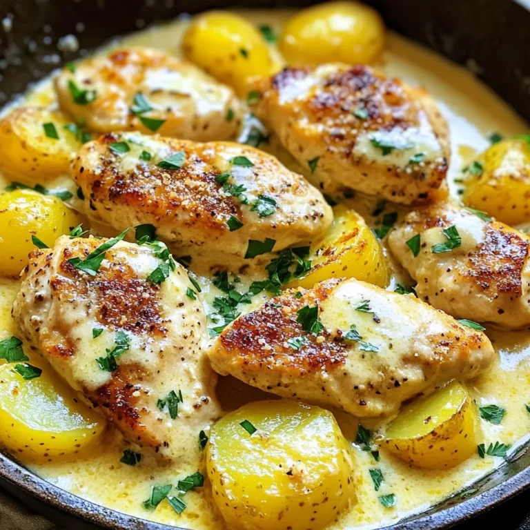 - 4 boneless, skinless chicken breasts - 1 lb baby potatoes, halved - 4 cloves garlic, minced - 1 cup heavy cream - 1 cup shredded cheddar cheese - 1/2 cup grated Parmesan cheese - 2 tablespoons olive oil - 1 teaspoon dried thyme - 1 teaspoon paprika - Salt and pepper to taste - Fresh parsley, chopped In this dish, chicken breasts provide a hearty base. They soak up the creamy sauce and stay juicy. Baby potatoes add comfort and texture. When you cut them in half, they cook evenly. Garlic brings a strong aroma and flavor. It makes everything taste better. For the creamy base, I use heavy cream. It gives a rich texture that coats the chicken and potatoes. Cheddar cheese adds a sharp taste, while Parmesan gives a nutty flavor. Together, they create a luxurious sauce. Olive oil is essential for cooking. It helps brown the chicken and potatoes. Thyme adds a hint of earthiness, while paprika gives a pop of color and warmth. Salt and pepper season the dish perfectly. Finally, fresh parsley adds a bright touch. It makes the dish look appealing and adds freshness. With these ingredients, you're on your way to a delicious meal that everyone will love! {{ingredient_image_1}} - Preheat your oven to 400°F (200°C). - Season the chicken breasts with salt, pepper, paprika, and thyme. First, you need to set your oven to heat. This step is key to cooking the chicken and potatoes evenly. While the oven warms up, it's time to season the chicken. Grab your chicken breasts and sprinkle them with salt, pepper, paprika, and thyme. These seasonings add great flavor and aroma. - Searing chicken in the skillet - Sautéing baby potatoes with garlic Next, heat olive oil in a large oven-safe skillet over medium heat. Once the oil is hot, add the seasoned chicken breasts. Sear them for about 5 minutes on each side. You want them golden brown for the best taste. After cooking, remove the chicken and set it aside. Now, in the same skillet, add the halved baby potatoes. Sauté them for about 5 minutes until they start to brown. This step adds a lovely texture. Then, add the minced garlic and cook for another minute. The smell will be amazing! - Adding heavy cream and cheeses - Returning chicken to the skillet Lower the heat and pour in the heavy cream. Stir well to mix it with the potatoes and garlic. This will create a rich base. Next, add the cheddar cheese and Parmesan cheese. Stir until they melt and the sauce is creamy. Return the seared chicken breasts to the skillet. Spoon some of that creamy sauce over the chicken. This will keep the chicken moist and flavorful. Now, transfer the skillet to the preheated oven. Bake for 20-25 minutes, until the chicken is cooked through and the potatoes are soft. This final step brings everything together in a delicious way! - To ensure chicken is fully cooked, check the internal temperature. It should reach 165°F (75°C). Use a meat thermometer for the best results. - For creamy sauce consistency, stir the heavy cream slowly. This helps combine it well with the potatoes and garlic. Let it simmer gently to avoid curdling. - Serve this dish rustic style right in the skillet. It looks warm and inviting on your table. - If you prefer plating, use individual dishes. Drizzle some extra creamy sauce over each portion for a lovely touch. - Pair this meal with steamed green vegetables. Broccoli or green beans add nice color and balance the dish. - For beverages, a crisp white wine or sparkling water pairs well. They enhance the flavors and refresh your palate. Pro Tips Marinate for More Flavor: Consider marinating the chicken breasts in the seasoning for at least 30 minutes before cooking to enhance the flavors. Cheese Variations: Feel free to mix different cheeses such as mozzarella or gouda for a unique twist on the creamy sauce. Even Cooking: Ensure the chicken breasts are of even thickness for uniform cooking; you can pound them to an even thickness if necessary. Resting Time: Allow the dish to rest for a few minutes after baking; this helps the juices redistribute, keeping the chicken moist. {{image_2}} You can change the chicken for other meats. Try pork or turkey for a twist. If you want a vegetarian option, use hearty mushrooms or tofu. Both choices soak up flavors well. Cheese also offers many choices. For a sharper taste, use gouda or swiss. If you prefer something creamier, try cream cheese or mascarpone. Each cheese will change the dish's flavor but keep it delicious. Adding vegetables makes this dish even better. Consider bell peppers, spinach, or broccoli. You can stir them in before baking. They add color and nutrition to your meal. Spice adjustments can change the whole dish. If you like heat, add chili powder or red pepper flakes. For a fresh taste, try lemon zest or herbs like basil. Experiment and find what you enjoy! You can cook this dish on the stovetop. Sear the chicken and potatoes as usual. After adding the cream and cheese, cover and simmer. This method takes less time and keeps flavors rich. If you want a slow cooker option, layer the ingredients. Start with potatoes, then chicken, and finally the cream and cheese. Cook on low for 6 to 8 hours. It’s an easy way to get a tasty meal with little effort. To store leftovers, cool the dish completely. Place it in an airtight container. This keeps the chicken and potatoes fresh for up to three days. Make sure to seal the container tightly. This helps prevent any moisture loss and keeps flavors intact. For reheating, the best method is the oven. Preheat it to 350°F (175°C). Place the dish in an oven-safe pan. Cover with foil to maintain moisture. Heat for about 20 minutes or until warm. You can also use a microwave. Heat in short bursts, stirring in between. This keeps the creamy texture smooth and rich. You can freeze this dish if you want to save some for later. Allow it to cool completely first. Use a freezer-safe container to avoid freezer burn. The dish can last up to three months in the freezer. When you’re ready to eat, thaw it in the fridge overnight. Reheat using the oven or microwave for best results. Yes, you can use frozen chicken. Just remember to cook it longer. When using frozen chicken, add an extra 10-15 minutes to your cooking time. Check that the chicken reaches 165°F (75°C) for safety. It’s best to sear the chicken first and then bake it. This method helps keep it juicy and flavorful. You can make this dish healthier with a few simple swaps. Use skinless chicken thighs instead of breasts for more flavor. Try low-fat cream instead of heavy cream for a lighter sauce. You can also use less cheese or swap it for a low-fat version. Add more vegetables, like spinach or broccoli, for extra nutrients. This dish pairs well with many sides. Consider a fresh green salad with a light vinaigrette. Steamed vegetables, like green beans or broccoli, add color and nutrition. You can also serve it with crusty bread to soak up the creamy sauce. Rice or quinoa can work well too, making it filling and satisfying. This blog post covers the key ingredients, step-by-step cooking, and helpful tips for making Creamy Garlic Cheesy Chicken & Potatoes. You can easily swap ingredients or adjust flavors to fit your taste. Proper storage and reheating tips ensure your meal stays fresh. Focus on using quality ingredients and enjoy colorful sides to elevate the dish. This recipe is simple, tasty, and perfect for sharing. Give it a try, and have fun experimenting with your own twists!