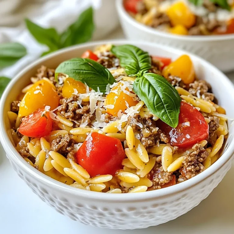 For this dish, you’ll need 1 pound of ground beef. This will give your meal a rich flavor and protein boost. Choose lean ground beef for a healthier option. You will need 1 cup of orzo pasta. This small pasta cooks quickly and soaks up the sauce well. It adds a nice texture to the dish. The creamy tomato sauce needs 1 can (14 oz) of diced tomatoes that you will drain. You will also use 1 cup of heavy cream. This cream makes the sauce rich and smooth. You’ll want 1 medium onion, finely chopped, and 2 cloves of garlic, minced. Add 1 teaspoon of dried oregano and 1 teaspoon of paprika for flavor. Don't forget to season with salt and pepper to taste. Lastly, have 2 tablespoons of olive oil on hand for cooking. Fresh basil leaves and grated Parmesan cheese will add the perfect finishing touch to your dish. {{ingredient_image_1}} Start by grabbing a large skillet. Add two tablespoons of olive oil and heat it over medium heat. Toss in one medium onion that you have finely chopped. Sauté the onion for about 3-4 minutes. You want it to be soft and see-through. Next, add two cloves of minced garlic. Cook the garlic for one minute until it smells great. Now, increase the heat to medium-high. Add one pound of ground beef to the skillet. Use a wooden spoon to break it apart. Cook the beef for about 6-8 minutes until it turns brown. If there is too much fat, drain it off. This step keeps your dish from being greasy. Once the beef is browned, stir in one can of drained diced tomatoes. Add one teaspoon of dried oregano and one teaspoon of paprika for flavor. Don’t forget to sprinkle in salt and pepper to taste. Allow this mixture to simmer for 5 minutes. This lets all the flavors blend nicely. While the beef simmers, grab a pot. Cook one cup of orzo pasta according to the package instructions. Aim for al dente, which means it should still have a little bite. Once cooked, drain the orzo and set it aside for later. Lower the heat on your skillet. Pour in one cup of heavy cream and stir it into the beef mixture. Let it simmer for another 3-4 minutes. The sauce should thicken slightly. Now, add the cooked orzo to the skillet. Gently mix everything together until the orzo is fully coated. Taste your dish and adjust seasoning if needed. Now you’re ready to serve! To make this dish your own, start with salt and pepper. Add a little, then taste. If you want it spicier, add more paprika or chili flakes. Fresh herbs, like basil, can add a nice kick too. Always remember, you can add more but can’t take it out. Cook orzo in boiling water. Follow the package instructions closely. Check it a minute or two early. You want it al dente, not mushy. Drain it well, but do not rinse. Rinsing removes the starch that helps the sauce stick. Serve the orzo in wide, shallow bowls. This lets the sauce shine. Top each serving with fresh basil leaves. A sprinkle of grated Parmesan gives it a rich finish. For added flair, drizzle a little olive oil on top. This not only looks nice but boosts flavor too. Pro Tips Use Fresh Ingredients: Fresh garlic and herbs elevate the flavors of your dish significantly. Whenever possible, opt for fresh over dried. Rest the Dish: Allowing the dish to sit for a few minutes after cooking helps the flavors meld together, making each bite more delicious. Mix Well: Ensure the orzo is well coated with the beef and cream mixture for a harmonious taste in every bite. Customize Seasoning: Don't hesitate to adjust the seasoning to your taste. A pinch of red pepper flakes can add a delightful kick! {{image_2}} You can easily make this dish vegetarian. Use lentils or mushrooms instead of ground beef. Both options add great texture and flavor. Lentils provide protein, while mushrooms give a hearty feel. Cook them until soft to match the beef’s cooking time. This change keeps your dish rich and satisfying. Boost the nutrition by adding vegetables. Spinach, zucchini, or bell peppers work well. You can sauté these with the onions. This step adds color and vitamins to your dish. Cut the veggies into small pieces so they cook quickly. Add them to the skillet before the tomatoes for the best flavor. Enhance the flavor with fresh herbs and spices. Try adding fresh basil or parsley at the end. They add a burst of freshness. For a bit of heat, include crushed red pepper flakes. You can also experiment with thyme or rosemary. These spices bring depth to the tomato cream sauce. Adjust to your taste for a dish that’s uniquely yours. After enjoying your Ground Beef Orzo, store leftovers in an airtight container. Let the dish cool before sealing. This helps keep it fresh. Place the container in the fridge. It stays good for 3 to 4 days. If you want to eat it later, freezing is a great option. When ready to enjoy again, take the leftovers out of the fridge. Heat them in a pan over medium heat. Stir often to warm it evenly. You can add a splash of water or cream to keep it creamy. If using a microwave, cover the dish to avoid drying it out. Heat in short bursts, stirring in between. To freeze, divide the orzo into portions. Use freezer-safe containers or bags. Squeeze out as much air as possible before sealing. Label with the date. The dish can last up to 3 months in the freezer. When ready to eat, thaw it overnight in the fridge before reheating. This keeps it tasty and fresh! Yes, you can use whole wheat orzo. It adds fiber and a nutty flavor. Just remember, the cooking time may change slightly. Check the package for directions. To spice it up, add red pepper flakes or diced jalapeños. You can also use spicy paprika instead of regular. Start with a small amount and taste as you go. If you want a lighter option, use half-and-half or full-fat coconut milk. For a dairy-free choice, cashew cream works well too. Blend soaked cashews with water until smooth. Leftovers stay good for about three to four days. Store them in an airtight container. Reheat gently on the stove or in the microwave. This blog post covered how to make a delicious dish with ground beef, orzo, and creamy tomato sauce. We discussed how to prepare and cook each ingredient, along with useful tips for seasoning and presentation. You can even explore vegetarian options and add veggies for more nutrition. Proper storage tips will help keep your leftovers fresh. Remember, cooking is about trying new things. Don’t be afraid to make this recipe your own! Enjoy your cooking adventure.