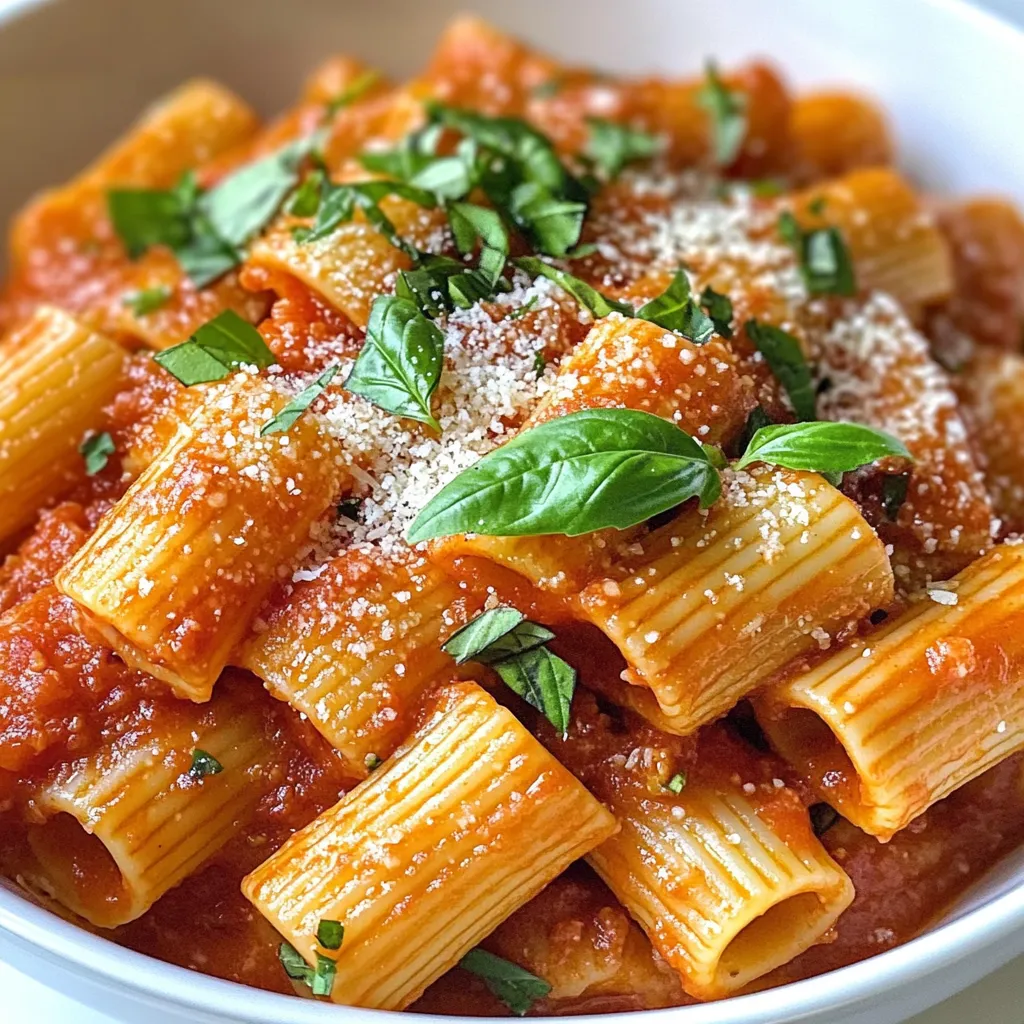 - 12 oz rigatoni pasta - 2 tablespoons olive oil - 1 medium onion, finely chopped - 3 garlic cloves, minced - 1 can (28 oz) crushed tomatoes - 1 teaspoon dried basil - 1 teaspoon dried oregano - ½ teaspoon red pepper flakes (optional) - Salt and pepper to taste - Fresh basil leaves, for garnish - Grated Parmesan cheese, for serving The main ingredients for this dish are simple yet flavorful. Rigatoni pasta is the star. It holds sauce well and gives a nice bite. Olive oil adds richness, while onion and garlic bring great aroma. Crushed tomatoes form the base of the marinara sauce. Dried basil and oregano add classic Italian flavor. You can adjust the salt and pepper to your taste. - ½ teaspoon red pepper flakes - Fresh basil leaves - Grated Parmesan cheese Optional ingredients can elevate your dish. Red pepper flakes add heat if you like spice. Fresh basil leaves give a burst of fresh flavor. Grated Parmesan cheese adds a salty finish and creaminess. You can mix and match these toppings based on what you enjoy. {{ingredient_image_1}} To start, fill a large pot with water and add a generous amount of salt. This makes the pasta taste better. Bring the water to a rolling boil. Once it boils, add 12 ounces of rigatoni pasta. Cook it according to the package instructions. Aim for al dente, which means the pasta should still have a slight bite. This usually takes about 10-12 minutes. When ready, drain the pasta and save about 1 cup of the water. Set the pasta aside for later. Next, grab a large skillet and heat it over medium heat. Pour in 2 tablespoons of olive oil. Wait until the oil is hot, then add the finely chopped onion. Sauté the onion for about 4-5 minutes. You want it to become soft and a bit transparent. After that, stir in 3 minced garlic cloves. Cook for just 1 more minute. You should smell the garlic's rich aroma. Now, it’s time for the marinara sauce. Pour in one 28-ounce can of crushed tomatoes. Stir well to combine. Next, add 1 teaspoon of dried basil, 1 teaspoon of dried oregano, and ½ teaspoon of red pepper flakes if you like a bit of heat. Bring the sauce to a gentle simmer. Let it cook for 10-15 minutes, stirring every few minutes. At the end of this time, season with salt and pepper to your taste. Once the sauce is ready, add the cooked rigatoni to the skillet. Toss the pasta gently with the sauce, ensuring every piece gets coated. If the sauce seems thick, add some of the reserved pasta water. This helps thin it out to your desired consistency. Cook everything together for 2-3 minutes. This allows the pasta to soak up the sauce's flavors. - Salt Tips for Boiling Water: Always add salt to your boiling water. This step enhances the pasta's flavor. Use about 1 tablespoon of salt for every 4 quarts of water. It is key for great-tasting pasta. - How to Achieve Al Dente: Cook your rigatoni until it is firm but not hard. This is called al dente. Check the package for the cooking time. Start tasting it a minute or two before the time is up. - Tips for Fresh Herbs Usage: Fresh basil adds a nice touch. Chop it and add it at the end for a bright flavor. This keeps the herb fresh and aromatic. You can also use dried herbs if fresh ones are not available. - Secrets for a Richer Marinara Flavor: For a deeper taste, let your sauce simmer longer. This helps all the flavors mix well. A bit of sugar can balance the acidity from the tomatoes too. - Best Pairings with Rigatoni Marinara: Serve your rigatoni with a side salad or garlic bread. These sides complement the meal perfectly. A light red wine can also enhance your dining experience. - Plating Ideas for Presentation: Use a large bowl for family style or individual plates for a special touch. Top with fresh basil and a sprinkle of Parmesan cheese. It makes the dish look as good as it tastes! Pro Tips Use High-Quality Tomatoes: Opt for San Marzano or other high-quality canned tomatoes for a richer flavor in your marinara sauce. Don't Skip the Pasta Water: The starchy pasta water helps to bind the sauce and pasta, giving it a silky texture. Adjust Spice Levels: Feel free to modify the red pepper flakes according to your heat preference; start with a small amount and add more if desired. Fresh Herbs Make a Difference: Add fresh basil just before serving for a burst of flavor that elevates the entire dish. {{image_2}} Adding vegetables can make your rigatoni marinara more colorful and healthy. You can use classic vegetables like bell peppers, zucchini, or mushrooms. If you want fresh flavors, try seasonal veggies like asparagus in spring or spinach in winter. Just chop them up and toss them in with the onion and garlic. This will add taste and texture to your meal. If you want to make your dish heartier, consider adding protein. Cooked chicken or Italian sausage works well with marinara sauce. Just slice or crumble the meat and sauté it with the onions. This not only adds flavor but also makes the meal more filling. You can also use shrimp for a twist on this classic dish. While marinara is a classic, you can explore other sauces too. Try a creamy Alfredo for a rich taste or a pesto for a fresh vibe. Both pair well with rigatoni. You can even mix sauces, like combining marinara with pesto for a unique flavor. Experimenting with sauces can lead to exciting new meals! To keep your rigatoni marinara fresh, store it in an airtight container. Make sure to cool it down first. Leftovers last up to four days in the fridge. Label the container with the date. This helps you remember when you made it. You can freeze rigatoni marinara for up to three months. Divide it into portions for easy thawing. Use freezer-safe bags or containers. To freeze, let it cool completely before sealing. To thaw, place it in the fridge overnight. For best flavor and texture, reheat on the stove. Add a splash of water or extra olive oil while warming. Stir often to heat evenly. You can also microwave it, but check every minute to avoid overcooking. Enjoy your meal just like when you first made it! To make this dish gluten-free, choose gluten-free rigatoni. Many brands offer pasta made from rice or corn. These options cook well and taste great. Just follow the package instructions for cooking times. This way, you can enjoy rigatoni marinara without gluten. Yes, you can use other pasta types. Penne, farfalle, or even spaghetti work well. Each shape offers a unique texture. Just make sure to adjust the cooking time based on the pasta you choose. This keeps your meal tasty and fun. If you lack crushed tomatoes, try using diced tomatoes or tomato puree. Both options provide a similar flavor. You can also blend whole tomatoes for a smooth texture. This keeps your marinara sauce rich and delicious. Leftovers will last about three to five days in the fridge. Store them in an airtight container. To enjoy the meal later, reheat on the stove or in the microwave. This keeps the flavors fresh and enjoyable. This blog post covered all aspects of making rigatoni with marinara sauce. You learned about the key ingredients, step-by-step preparation, and helpful tips to enhance the dish. Variations allow you to customize your meal, while storage info ensures your leftovers stay fresh. Experiment with different herbs, proteins, or sauces to find your favorite twist. Cooking should be fun and flavorful, so enjoy every step in the process! With practice and creativity, you can create a delicious meal every time.