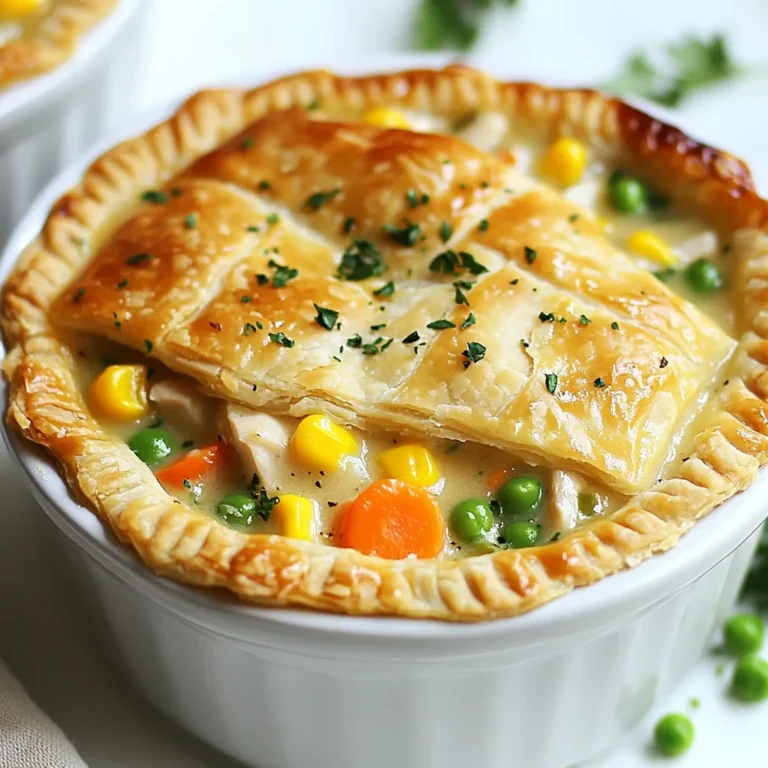 - 1.5 lbs chicken breast, boneless and skinless, diced - 3 cups mixed vegetables (carrots, peas, corn, green beans) - 1 medium onion, chopped - 2 cloves garlic, minced - 4 cups chicken broth - 1 cup heavy cream - 1 teaspoon dried thyme - 1 teaspoon dried rosemary - Salt and pepper to taste - 1 refrigerated pie crust (or 2 if you want a top & bottom crust) - 2 tablespoons cornstarch mixed with 2 tablespoons cold water (optional, for thickening) - Fresh parsley, chopped (for garnish) When I measure ingredients, I always use a kitchen scale for meat. It ensures the chicken is just right. For vegetables, I prefer measuring by volume. This makes it easy to get the right mix. A cup or two of each is perfect for balance. When you add broth and cream, use liquid measuring cups for accuracy. This helps in getting the right texture. It’s also important not to skip the herbs. They add a lot of flavor. Choose chicken that feels firm and looks pink. Avoid any with a gray hue. For vegetables, look for bright colors and no spots. Fresh onions should feel heavy and dry. Garlic should be firm, not soft. When picking herbs, look for vibrant green leaves without wilting. Fresh parsley should smell strong; this means it is fresh. Quality matters, as fresh ingredients lead to a better pot pie. {{ingredient_image_1}} Start by gathering all your ingredients. You will need: - 1.5 lbs chicken breast, boneless and skinless, diced - 3 cups mixed vegetables (carrots, peas, corn, green beans) - 1 medium onion, chopped - 2 cloves garlic, minced - 4 cups chicken broth - 1 cup heavy cream - 1 teaspoon dried thyme - 1 teaspoon dried rosemary - Salt and pepper to taste - 1 refrigerated pie crust (or 2 if you want a top & bottom crust) - 2 tablespoons cornstarch mixed with 2 tablespoons cold water (optional, for thickening) - Fresh parsley, chopped (for garnish) Chop the onion and garlic first. Then, dice the chicken. You can use fresh or frozen vegetables, but fresh gives the best taste. In your slow cooker, add the diced chicken breast, mixed vegetables, chopped onion, and minced garlic. Pour in the chicken broth and heavy cream. Season with thyme, rosemary, salt, and pepper. Stir this mixture gently until all the ingredients combine well. Cover the slow cooker. Cook on low for 6-7 hours or on high for 3-4 hours. Your dish is ready when the chicken is tender. If you like a thicker filling, mix cornstarch with cold water. Stir this into the pot during the last 30 minutes. This step is optional but adds nice thickness. Preheat your oven to 425°F (220°C). Once the chicken mixture cooks, pour it into a 9-inch pie dish. Now, roll out your refrigerated pie crust. Lay it over the chicken mixture. If you want a top and bottom crust, use a second pie crust on the bottom. Trim any excess crust. Make a few slits in the top with a knife. This helps steam escape while baking. Bake in the preheated oven for 15-20 minutes. Look for the crust to turn golden brown. After baking, let it cool for a few minutes. This helps the filling set. Garnish with chopped fresh parsley before serving. Enjoy your comforting chicken pot pie! To get tender chicken, use boneless, skinless pieces. Dice them into small chunks. This helps the chicken cook evenly. Add chicken to the slow cooker with the veggies and broth. Cook on low for 6 to 7 hours or high for 3 to 4 hours. Check the chicken before serving; it should shred easily with a fork. If you like your filling thick, add cornstarch. Mix 2 tablespoons of cornstarch with 2 tablespoons of cold water. Stir this mix into the pot 30 minutes before the end. This will give your filling a nice, hearty texture. You can also add mashed potatoes for extra thickness. Seasoning is key to a great pot pie. Besides thyme and rosemary, try adding some garlic powder or onion powder. A dash of hot sauce can give it a nice kick. Fresh herbs like parsley can brighten the dish. Always taste your mix before serving. Adjust the salt and pepper to your liking. Pro Tips Use Leftover Chicken: If you have leftover rotisserie chicken, feel free to use it in this recipe instead of raw chicken breast for a quicker prep time. Add Your Favorite Vegetables: You can customize the mixed vegetables to include your favorites, such as bell peppers or mushrooms, for added flavor and nutrition. Experiment with Herbs: Try adding fresh herbs like parsley or thyme right before serving for a burst of freshness and enhanced flavor. Make it Ahead: This pot pie filling can be made ahead of time and stored in the refrigerator for up to 2 days before baking, making it a great option for meal prep. {{image_2}} You can change up the mixed vegetables to fit your taste. Instead of carrots, peas, corn, and green beans, try: - Broccoli - Cauliflower - Zucchini - Bell peppers Feel free to use frozen veggies if fresh ones are not available. Just add them toward the end of cooking. This way, they stay bright and crisp. If you want to switch proteins, there are great options. Instead of chicken, you can use: - Turkey - Cooked rotisserie chicken - Tofu for a vegetarian option Make sure to adjust the cooking time if you use a different protein. For example, use pre-cooked chicken to save time. Want to keep it light? You can skip the pie crust or try these alternatives: - Use a phyllo dough for a flaky, lighter feel. - Top with mashed potatoes instead of a crust. - Use a biscuit topping for a fun twist. These options let you enjoy the filling without the heaviness of a traditional pie crust. After you enjoy your slow cooker chicken pot pie, let it cool down. Place any leftovers in an airtight container. Store it in your fridge for up to three days. Make sure to cover it well. This keeps it fresh and tasty. You can freeze leftovers for later. Divide the pot pie into portions. Use freezer-safe containers or bags. Label them with the date. You can freeze them for up to three months. When you are ready to eat, thaw it in the fridge overnight. To reheat, you have a few options. The best way is to use the oven. Preheat your oven to 350°F (175°C). Place the pie in an oven-safe dish. Cover it with foil to keep it moist. Heat for about 20-25 minutes. You can also use the microwave for quick reheating. Just be careful, as it may not heat evenly. Always check that it's hot all the way through before serving. Yes, you can make chicken pot pie without a slow cooker. You can use a stovetop method. Start by cooking the chicken in a large pot until it is fully cooked. Then, add the vegetables, chicken broth, and cream. Let it simmer until the veggies are tender. Finally, pour the mixture into a pie dish and top with the crust. Bake as directed in the recipe. Chicken pot pie is filling, so you want light sides. Here are some great options: - A small green salad with mixed greens. - Steamed broccoli or green beans. - Mashed potatoes or roasted sweet potatoes. - A light soup, like tomato or vegetable. These sides add freshness and balance to your meal. Leftovers will last about three to four days in the fridge. Make sure to store them in an airtight container. To enjoy the pie again, simply reheat in the oven or microwave until warm. If you want to keep it longer, consider freezing it. Properly stored, it can last for up to three months in the freezer. This article provided a clear guide on making a tasty Chicken Pot Pie. We discussed key ingredients, cooking steps, and useful tips. You now know how to choose fresh ingredients and the best ways to cook your chicken. Don't forget the fun variations and storage tips to enjoy leftovers. Remember, with some practice, you can make this dish a family favorite. Enjoy the cooking process and your delicious results!