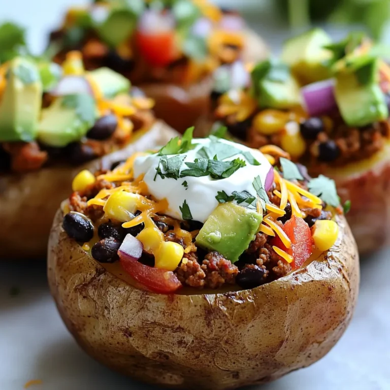 - 4 medium russet potatoes - 1 lb ground turkey or beef - 1 packet taco seasoning - 1 cup black beans, drained and rinsed - 1 cup corn (fresh, frozen or canned) - 1 cup diced tomatoes - ½ cup red onion, finely chopped - 1 avocado, diced - 1 cup shredded cheese (cheddar or Mexican blend) - ½ cup sour cream or Greek yogurt - 2 tablespoons olive oil - Fresh cilantro for garnish - Salt and pepper to taste Creating a Southwest Taco Loaded Potato Bowl starts with these fresh ingredients. I love russet potatoes for their fluffy texture. Ground turkey or beef offers a tasty protein base. Taco seasoning adds zing, while black beans and corn bring texture. Diced tomatoes and red onion add fresh flavor. For toppings, I choose creamy avocado and cheese. Sour cream or Greek yogurt gives it a nice tang. Fresh cilantro brightens the dish. Don’t forget salt and pepper to balance it all out. This combo makes a hearty meal that’s fun to eat! Make sure to have everything ready before you start cooking. It helps keep the process smooth and easy. I always recommend using fresh ingredients for the best flavor. Happy cooking! {{ingredient_image_1}} - Preheat your oven to 400°F (200°C). - Scrub the russet potatoes under running water. - Pierce each potato a few times with a fork. - Rub them with olive oil and sprinkle with salt. - Place the potatoes on a baking sheet. - Bake for 45-60 minutes until tender. - Heat 2 tablespoons of olive oil in a large skillet. - Add 1 pound of ground turkey or beef to the skillet. - Cook until browned, breaking it apart with a spatula. - Drain excess fat if needed. - Stir in 1 packet of taco seasoning and ¼ cup of water. - Simmer for 5 minutes until well coated. - Let the potatoes cool for a few minutes. - Cut each potato in half lengthwise. - Scoop out a small portion from the center. - Fill each potato with seasoned meat. - Layer in black beans, corn, diced tomatoes, and red onion. - Top with 1 cup of shredded cheese. - Return to the oven for 5-7 minutes to melt cheese. - Remove and add diced avocado and sour cream. - Garnish with fresh cilantro, salt, and pepper. - Serve immediately for a hearty meal. To tell when potatoes are done, insert a knife. If it slides in easily, they are ready. You can also check by squeezing them gently; they should feel soft. If you want an alternative to roasting, try microwaving the potatoes. Cook them for about 10-12 minutes, turning halfway through. This saves time and gives you tender potatoes. Adjust the seasoning to your taste. Try adding more taco seasoning for a bolder flavor. You can also mix in garlic powder or onion powder for extra depth. Optional spices include cumin for warmth and smoked paprika for a hint of smokiness. These additions can make your dish pop with flavor. Pair your loaded potato bowl with a fresh salad or tortilla chips. This adds crunch and balance to your meal. For creative plating, use a deep bowl to show off the layers. You can also sprinkle extra cilantro on top for a bright finish. This makes each serving look beautiful and appetizing. Pro Tips Choose the Right Potatoes: For the best texture and flavor, use medium russet potatoes, as they are fluffy and perfect for baking. Customize Your Protein: Feel free to swap out ground turkey or beef for other proteins like shredded chicken or plant-based alternatives for a different flavor profile. Layering is Key: When filling your potatoes, layer the ingredients for better flavor distribution and to prevent sogginess. Make Ahead: You can prepare the meat and toppings in advance, storing them separately, and assemble the bowls right before serving for a quick meal. {{image_2}} You can easily make this dish vegetarian. Simply swap the ground turkey or beef for plant-based proteins. - Use lentils, black beans, or crumbled tofu as your meat substitute. - Top with more veggies like bell peppers, zucchini, or mushrooms. - Add a generous scoop of guacamole for creaminess and flavor. These choices give you a hearty meal while keeping it meat-free. You won’t miss the meat at all! If you love heat, try a spicy version of the loaded potato bowl. - Add sliced jalapeños or a splash of hot sauce to the meat mixture. - For cheese, look for spicy varieties like pepper jack or chipotle cheddar. These spicy additions kick up the flavor and give your bowl a fun twist! Cheese can change the whole taste of your dish. Explore different cheese options for your toppings. - Try queso fresco, gouda, or a sharp cheddar for unique flavors. - Each cheese brings its own taste and texture to the bowl. Using different cheeses keeps your meals exciting and delicious. Enjoy the journey of flavor! To keep your loaded potato bowls fresh, use airtight containers. Let them cool before sealing. This helps keep moisture in check. Store them in the fridge for up to three days. If you want to save them longer, consider freezing them. In the freezer, they last up to three months. When you’re ready to eat leftovers, the oven is your best friend. Preheat it to 350°F (175°C). Place the potato bowls on a baking sheet. Heat for about 15-20 minutes. This keeps the potatoes crispy and the filling warm. If you’re in a hurry, the microwave works too. Just cover the bowl with a damp paper towel. Heat in 30-second intervals until warm. This method helps maintain moisture. To freeze loaded potato bowls, prepare them as usual but don’t bake them right away. After filling the potatoes, wrap each one tightly in foil or plastic wrap. Place them in a freezer-safe bag. When you want to cook a frozen bowl, thaw it in the fridge overnight. Bake as usual, adding a few extra minutes for cooking time. You can easily swap ground turkey or beef with other proteins. Here are some tasty options: - Chicken: Ground chicken works well for a lighter dish. - Tofu: Crumbled firm tofu is a great plant-based choice. - Beans: Black beans or pinto beans add protein and fiber. These swaps keep the flavor and texture you'll love. Making this dish gluten-free is simple. Here’s how: - Choose gluten-free taco seasoning. Many brands offer this option. - Use gluten-free sauces, like hot sauce or salsa. - Always check labels to ensure all ingredients are safe. This way, everyone can enjoy the meal without worry. Yes, you can prep this dish in advance. Here are some tips: - Cook the potatoes and meat the day before. - Store them separately in the fridge. - Assemble the bowls just before serving. This saves time and makes meal prep a breeze! This blog post covers all you need for a tasty loaded potato bowl. You learned about key ingredients like russet potatoes, ground turkey, and fresh toppings. The step-by-step guide walks you through cooking and assembly. You also discovered tips for perfect potatoes, variations like vegetarian options, and how to store leftovers. In the end, this dish is fun to make and share. It’s tasty and fills you up. Get creative with your toppings and enjoy every bite.