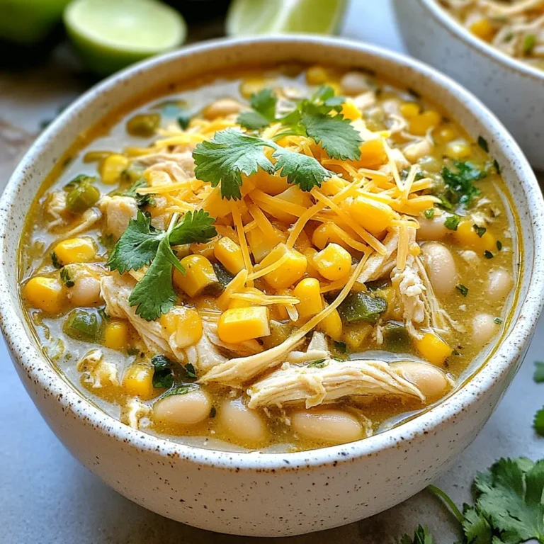 - 2 cups cooked shredded chicken - 2 cups corn kernels (fresh or frozen) - 1 can (15 oz) white beans, drained and rinsed - 1 can (4 oz) diced green chilies - 1 medium onion, diced - 3 cloves garlic, minced - 4 cups chicken broth - 1 teaspoon ground cumin - 1 teaspoon chili powder - 1/2 teaspoon smoked paprika - Salt and pepper to taste - 1/2 cup crema (Mexican sour cream) or regular sour cream - 1 cup shredded Monterey Jack cheese - Fresh cilantro, chopped (for garnish) - Lime wedges (for serving) This chili shines with its rich and warm flavors. The first star is the chicken. I love using cooked, shredded chicken for its tender texture. Corn adds a nice sweetness that balances the spices. You can use fresh or frozen corn, depending on what's available. Next, the white beans bring creaminess and protein. They soak up the chili's flavors well. Diced green chilies offer a mild heat. I enjoy the flavor they add without being too spicy. Onion and garlic provide a great base. They give the chili depth as they cook. Don't skip these two! Chicken broth ties everything together and keeps the chili moist. For spices, cumin and chili powder bring warmth. Smoked paprika gives a nice smokey taste. Always taste as you go and adjust salt and pepper. Finally, the crema makes this dish rich and creamy. You can also top it with Monterey Jack cheese for extra flavor. Fresh cilantro adds a burst of color and freshness, while lime wedges give a bright finish. Enjoy the layers of taste in every spoonful! {{ingredient_image_1}} - Heating the oil and sautéing onions: Start by heating a tablespoon of oil in a large pot over medium heat. Once hot, add the diced onion. Cook for about five minutes. You want the onion to turn soft and clear. - Adding garlic and other ingredients: Next, stir in three cloves of minced garlic. Cook for one to two minutes until it smells great. Now, add two cups of shredded chicken, two cups of corn, one can of white beans, and one can of diced green chilies. Mix everything well. - Seasoning and simmering the chili: Pour in four cups of chicken broth. Bring the mix to a simmer. Season with one teaspoon of ground cumin, one teaspoon of chili powder, and half a teaspoon of smoked paprika. Add salt and pepper to taste. Let it simmer for about 20 minutes. This allows all the flavors to come together nicely. - Incorporating crema and cheese: After 20 minutes, stir in half a cup of crema. You can use regular sour cream if you like. Then, mix in half of the shredded Monterey Jack cheese until smooth and creamy. - Adjusting seasoning: Taste your chili and adjust the seasoning. You may want to add more salt, pepper, or spices based on your preference. - Serving suggestions and presentation: Ladle the chili into bowls. Top with the remaining cheese and chopped cilantro for a fresh touch. Serve with lime wedges on the side. A squeeze of lime adds a zesty kick that completes this dish! - Choosing the right type of chicken: I always prefer using cooked shredded chicken. You can use rotisserie chicken for ease. It adds great flavor and saves time in the kitchen. - Best practices for flavor enhancement: Use fresh ingredients whenever you can. Fresh garlic and onions give the best taste. Adding lime juice at the end brightens the chili and brings out all the flavors. - Adjusting spice levels to taste: If you want a spicier chili, add more chili powder or fresh jalapeños. For a milder version, reduce the spices. Taste as you cook to find your perfect heat. - Accompaniments for the chili: Serve your chili with tortilla chips for a fun crunch. You can also pair it with warm bread or cornbread for a hearty meal. - Garnishing ideas for presentation: Top each bowl with a sprinkle of cheese and fresh cilantro. Add a lime wedge on the side for a pop of color and flavor. This makes your dish look great and appetizing! Pro Tips Use Fresh Corn: For the best flavor and texture, use fresh corn when it's in season. If using frozen, thaw and drain it well before adding. Adjust the Heat: If you like your chili spicier, add a chopped jalapeño or a sprinkle of cayenne pepper to the mix. Make It Ahead: This chili tastes even better the next day! Make it a day in advance and store it in the fridge to let the flavors meld. Garnish Creatively: Experiment with different toppings like avocado slices, crispy tortilla strips, or even a sprinkle of queso fresco for added flavor and texture. {{image_2}} If you want to mix it up, try different beans. Black beans or pinto beans work well. For cheese, you can swap Monterey Jack with cheddar or queso fresco. These changes keep the chili tasty and fun. You can also change the protein. Ground turkey or chicken provides a lighter option. For a vegetarian chili, use chickpeas or lentils. These swaps add flavor and fit many diets. Want to enhance the taste? Add more veggies! Bell peppers bring sweetness, while zucchini adds texture. You can toss in diced carrots or corn for extra crunch. Spices can elevate your chili, too. Try adding oregano or coriander for a fresh twist. A pinch of cayenne raises the heat, perfect for spice lovers. Experimenting with flavors keeps each bowl exciting! Store your leftover Mexican street corn white chicken chili in an airtight container. This helps keep it fresh. Let the chili cool down before sealing it. It lasts in the fridge for about 3 to 4 days. If you notice any strange smells or colors, toss it out. For freezing, divide the chili into single portions. Use freezer-safe containers or bags. This way, you can only thaw what you need later. It can stay fresh in the freezer for up to 3 months. To thaw, place the container in the fridge overnight. For reheating, warm it on the stove over low heat or microwave it until hot. Add a splash of broth if it seems too thick. Enjoy your tasty chili again! Yes, you can! To make this chili vegetarian, skip the chicken. Use vegetable broth instead of chicken broth. Add more beans, like black beans or kidney beans, to keep it hearty. You can also add extra corn for sweetness and texture. To spice up your chili, add more chili powder or diced jalapeños. You can also use hot sauce or fresh chili peppers. Start small, taste, and adjust until it’s just right for you. If you don’t have sour cream or crema, Greek yogurt works great. It adds a nice tang and creaminess. You can also use cottage cheese, blended until smooth, for a different twist. This blog post covered the essential ingredients and steps for a delicious chicken chili. You learned how to prepare, season, and serve it for the best taste. Remember to adapt the recipe with your favorite ingredients. Consider using different proteins or veggies for unique flavors. Finally, store any leftovers properly to enjoy later. Enjoy your cooking and share this hearty dish with friends or family for a satisfying meal. Your chili will not only warm your belly but also please your taste buds.
