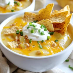 To make this creamy soup, gather these simple ingredients: - 4 large russet potatoes, peeled and diced - 1 medium onion, finely chopped - 3 cloves garlic, minced - 4 cups vegetable broth - 1 cup heavy cream or coconut cream (for dairy-free option) - 1 cup sharp cheddar cheese, shredded - 1/2 cup sour cream or Greek yogurt - 1/4 cup green onions, sliced - 1/2 cup crispy crumbled tortilla chips or bacon bits (optional) - 2 tablespoons olive oil - Salt and black pepper to taste - 1 teaspoon smoked paprika (optional for a smoky flavor) You can make the soup even better with these toppings: - Extra shredded cheddar cheese - A dollop of sour cream or Greek yogurt - Sliced green onions for a fresh touch - Crispy bacon bits for crunch - Crumbled tortilla chips for added texture If you want to make this soup dairy-free or vegetarian, here are some ideas: - Use coconut cream instead of heavy cream. - Swap sour cream for a dairy-free yogurt. - Ensure the broth is vegetable-based for a vegetarian option. - Add nutritional yeast for a cheesy flavor without dairy. {{ingredient_image_1}} First, gather all your ingredients. You will need: - 4 large russet potatoes, peeled and diced - 1 medium onion, finely chopped - 3 cloves garlic, minced - 4 cups vegetable broth - 1 cup heavy cream or coconut cream - 1 cup sharp cheddar cheese, shredded - 1/2 cup sour cream or Greek yogurt - 1/4 cup green onions, sliced - 1/2 cup crispy crumbled tortilla chips or bacon bits (optional) - 2 tablespoons olive oil - Salt and black pepper to taste - 1 teaspoon smoked paprika (optional) Now, peel and dice the potatoes into small cubes. Chop the onion finely and mince the garlic. This helps the flavors blend well. In a large pot, heat the olive oil over medium heat. Add the chopped onion and minced garlic. Sauté them for about 5 minutes. You want the onion to look clear. This step builds a great flavor base. Next, add the diced potatoes to the pot. Pour in the vegetable broth and stir. Bring the mixture to a simmer. Cook until the potatoes are soft, around 15 to 20 minutes. Check them with a fork to ensure they are tender. After the potatoes are cooked, you can blend the soup to your liking. Use a potato masher for a chunkier texture or an immersion blender for a smooth finish. Next, stir in the heavy cream and shredded cheese. Allow them to melt into the soup. If it feels too thick, add more broth or water to get the right consistency. Season with salt, pepper, and smoked paprika if you want a smoky taste. Remove the pot from heat and mix in the sour cream. This adds creaminess and tang. Serve the soup hot. Top it with sliced green onions and your choice of crispy tortilla chips or bacon bits for crunch. Enjoy your loaded baked potato soup! To get the best texture in your soup, mash the potatoes well. I like to use a potato masher for some chunks. This gives the soup a nice body. If you prefer it smooth, an immersion blender works great. Blend it until it’s silky but don't overdo it. You want some potato pieces for a hearty feel. Adjust the thickness by adding more broth or water if needed. Store leftover soup in an airtight container. It keeps well in the fridge for about three days. If you want to keep it longer, freeze the soup. Just let it cool first, then pour it into freezer-safe bags. When reheating, do it slowly on the stove. Stir often to prevent sticking. You can add a splash of broth to thin it out. Want to make your soup even better? Try adding more toppings. Crispy bacon bits give a great crunch. You can also add tortilla chips for extra texture. For a smoky twist, sprinkle in smoked paprika. If you like it spicy, add some diced jalapeños. Fresh herbs like chives or parsley also boost flavor. Experiment with your favorites to find the best mix! Pro Tips Use Fresh Ingredients: Fresh potatoes and vegetables enhance the flavor and texture of your soup, making it more delicious and satisfying. Adjust Consistency: If you prefer a creamier soup, blend it longer or add more cream. For a heartier texture, leave some potato chunks intact. Flavor Boost: Experiment with different cheeses such as gouda or pepper jack for a unique twist on the classic flavor profile. Storage Tips: Store leftovers in an airtight container in the fridge for up to 3 days. Reheat gently on the stove, adding a splash of broth if it thickens too much. {{image_2}} To make a vegetarian version, I swap the regular broth for vegetable broth. This gives the soup a rich flavor without using meat. I also add more veggies like carrots or celery. They add color and nutrition. If you want a heartier soup, you can toss in some beans. Black beans or kidney beans work well. You still get all the creamy goodness with cheese and sour cream. For a dairy-free soup, I replace heavy cream with coconut cream. It adds a nice, subtle flavor. You can use a dairy-free cheese for extra creaminess too. Nutritional yeast is another great option. It adds a cheesy taste without dairy. Finally, swap sour cream with cashew cream or more coconut cream. This keeps the soup deliciously creamy while being kind to your tummy. If you like spice, I have a few tips. First, add diced jalapeños or a pinch of cayenne pepper when cooking. This gives the soup a nice kick. You can mix in some hot sauce, too, for an extra boost. Try topping the soup with spicy salsa or even a sprinkle of chili powder. These additions make the soup exciting and full of flavor! To keep your loaded baked potato soup fresh, store it in airtight containers. Let the soup cool down before sealing it. This helps avoid condensation and keeps the soup creamy. Label each container with the date you made it. Use glass or BPA-free plastic containers for best results. You can freeze loaded baked potato soup for up to three months. To freeze, let the soup cool completely. Then, pour it into freezer-safe bags or containers. Leave some space at the top, as the soup will expand when frozen. When you're ready to eat, thaw it in the fridge overnight before reheating. When stored in the fridge, the soup lasts about three to four days. To reheat, warm it on the stove over low heat. Stir often to prevent sticking. If the soup seems thick, add a splash of broth or water for creaminess. You can also microwave it in a safe bowl, but stir halfway through for even heating. Yes, you can use other potatoes. For a creamier soup, try Yukon Gold potatoes. They have a buttery flavor and cook well. Red potatoes work too, but they keep their shape and add a nice texture. You can even mix different potatoes for added flavor. Just remember to adjust cooking times if needed. To make this soup gluten-free, ensure your vegetable broth is certified gluten-free. Most broths are safe, but always check the label. The other ingredients, like potatoes and cheese, are naturally gluten-free. If you want a thicker soup, use cornstarch or arrowroot powder instead of flour. This soup pairs well with many sides. Here are some ideas: - Warm crusty bread - Garlic breadsticks - A simple green salad - Crispy tortilla chips - Grilled cheese sandwiches These options will enhance your meal and add more flavor. Enjoy! You’ve learned how to make a delicious loaded baked potato soup from start to finish. We covered ingredients, from main components to optional toppings. The step-by-step guide ensures you can cook with ease. Tips helped you get the perfect texture and store leftovers. Variations show you can adapt the recipe for different diets. Remember, this soup is versatile and satisfying. Enjoy your cooking journey, and share this recipe with friends!