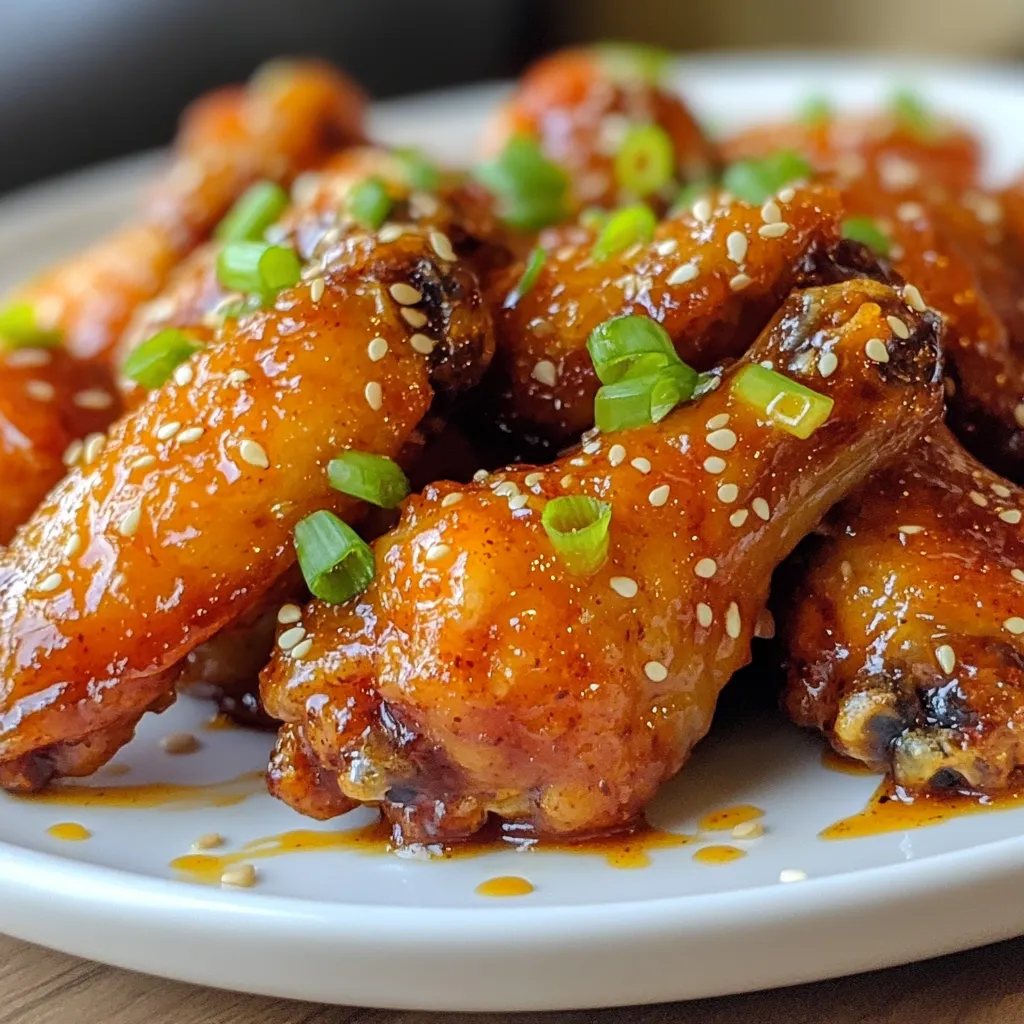 - 2 pounds chicken wings - 1/4 cup honey - 3 tablespoons soy sauce - 3 cloves garlic, minced - 2 tablespoons sriracha or your favorite hot sauce - 1 tablespoon rice vinegar - 1 teaspoon sesame oil - Salt and pepper to taste - Chopped green onions for garnish - Sesame seeds for garnish You can add other ingredients to make these wings your own. Try adding: - Lemon juice for a tangy twist - Ginger for a warm spice - Chili flakes for extra heat For the best flavor, I recommend using: - Raw honey for natural sweetness - Low-sodium soy sauce to control salt levels - Aged sriracha for deeper flavor These simple choices will help you create a dish that impresses everyone. {{ingredient_image_1}} 1. Preheat your oven to 400°F (200°C). 2. Line a baking sheet with aluminum foil. This helps with cleanup. 3. Place a cooling rack on top of the baking sheet. This allows air to circulate. 4. In a large mixing bowl, combine: - 1/4 cup honey - 3 tablespoons soy sauce - 3 cloves garlic, minced - 2 tablespoons sriracha or your favorite hot sauce - 1 tablespoon rice vinegar - 1 teaspoon sesame oil - Salt and pepper to taste 5. Mix well to make a tasty marinade. 6. Add the chicken wings to the bowl and toss them. Make sure they get coated well. 7. Let them marinate for at least 30 minutes. For more flavor, marinate up to 2 hours in the fridge. 1. Take the wings out of the marinade. Place them on the cooling rack. 2. Reserve the leftover marinade for later use. 3. Bake the wings in the preheated oven for 40-45 minutes. Flip them halfway through. This helps them cook evenly. 4. When they are golden brown and crispy, remove them from the oven. 5. While the wings bake, pour the reserved marinade into a small saucepan. 6. Simmer the marinade over medium heat for about 5-7 minutes. This thickens it a bit. 7. Toss the baked wings in the thickened marinade. Make sure they are well coated. - For extra crispiness, broil the wings for 2-3 minutes at the end. - Keep an eye on them while broiling to prevent burning. - Garnish with chopped green onions and sesame seeds before serving. This adds color and flavor. For the best taste, marinate the wings. You need to mix honey, soy sauce, garlic, sriracha, rice vinegar, sesame oil, salt, and pepper. Place the wings in this mix for at least 30 minutes. For more flavor, let them sit in the fridge for two hours. Marinating helps the wings soak up all those tasty flavors. To get crispy skin, follow these steps. First, use a cooling rack on your baking sheet. This setup allows air to flow around the wings. Bake them at 400°F (200°C) for 40-45 minutes. Flip the wings halfway through for even cooking. If you want extra crispiness, broil them for 2-3 minutes at the end. Keep an eye on them to avoid burning. When serving your wings, think about color and taste. Garnish them with chopped green onions and sesame seeds. This adds a nice touch. Pair your wings with celery sticks and ranch or blue cheese dressing for dipping. You can also serve them with a side of rice or salad for a complete meal. Enjoying these wings with friends makes them even better! Pro Tips Marinate Longer for More Flavor: For the best flavor, let your wings marinate for at least 2 hours in the refrigerator. This allows the marinade to penetrate the chicken, enhancing the taste. Use a Cooling Rack: Elevating the wings on a cooling rack while baking allows air to circulate, resulting in crispier skin. It prevents the wings from sitting in their own juices. Adjust the Heat: If you prefer milder wings, reduce the amount of sriracha or hot sauce. You can also add a touch of cayenne pepper for a subtle kick without overwhelming heat. Garnish for Presentation: Adding chopped green onions and sesame seeds not only enhances the flavor but also makes your wings visually appealing. Don't skip this step! {{image_2}} You can change the heat in your spicy honey garlic wings. If you like it mild, use less sriracha or try a sweet chili sauce. For more heat, add more sriracha or a dash of cayenne pepper. You could even mix in some chopped jalapeños for a fresh kick. Just taste as you go to find your perfect balance. If you want a different sweet flavor, there are great options. Maple syrup or agave nectar can work well in place of honey. You can also use brown sugar for a deeper flavor. Just remember that each sweetener will change the taste a bit, so pick what you love most. If you have dietary needs, you can easily swap some ingredients. For a gluten-free version, choose a gluten-free soy sauce. If you're vegan, use tofu wings and a plant-based honey substitute. You can even use coconut aminos for a lower-sodium option. These easy swaps help everyone enjoy the wings! After you enjoy your spicy honey garlic wings, store any leftovers in an airtight container. Let the wings cool to room temperature first. This helps keep them fresh and safe. Place them in the fridge if you plan to eat them within three days. For longer storage, consider freezing them. To reheat your wings, start by taking them out of the fridge. Preheat your oven to 350°F (175°C). Place the wings on a baking sheet lined with foil. Heat them for about 10-15 minutes until they’re warm and crispy. You can also use a microwave, but it may not keep them crispy. If you want to freeze the wings, wrap them tightly in plastic wrap or aluminum foil. Place them in a freezer-safe bag or container. They can last up to three months in the freezer. When you're ready to eat, thaw them overnight in the fridge before reheating. This keeps the flavor and texture just right. Yes, you can make these wings in an air fryer. Preheat your air fryer to 400°F. Place the marinated wings in a single layer in the basket. Cook for about 25-30 minutes, flipping halfway. This will give you crispy and delicious wings. These wings pair well with many sides. Try serving them with: - Celery sticks - Carrot sticks - Ranch or blue cheese dip - A fresh salad - Sweet potato fries These options balance out the spicy flavor and add freshness to your meal. To make more wings, simply double or triple the ingredients. Keep the same ratio for honey, soy sauce, garlic, and sriracha. If you want, you can marinate more wings at once. Just ensure they fit in your oven or air fryer without crowding. Yes, these wings can be gluten-free. Use gluten-free soy sauce or tamari instead of regular soy sauce. Check all other ingredients to ensure they fit your dietary needs. Enjoy these tasty wings without worry! You now have a full guide on making delicious wings. We covered key ingredients, cooking steps, and tips for great flavor. You can customize your wings to fit your taste and dietary needs. Don't forget how to store and reheat leftovers for later enjoyment. With these tips, you can create amazing wings at home. Enjoy experimenting with flavors and serving them to friends and family. Happy cooking!