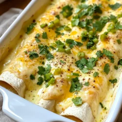 To make white sauce chicken enchiladas, gather these items: - 2 cups cooked chicken, shredded - 1 cup sour cream - 1 cup cream of chicken soup - 1 cup shredded cheese (Monterey Jack or Cheddar) - 1 teaspoon garlic powder - 1 teaspoon onion powder - 1 teaspoon cumin - 8 small flour tortillas - 1 cup diced green chilies - 1 tablespoon olive oil - Salt and pepper to taste - 1/2 cup chopped cilantro (for garnish) You will need a few simple tools: - A large mixing bowl - A 9x13 inch baking dish - A small saucepan - A mixing spoon - Aluminum foil For the best flavor, use these seasonings: - Garlic powder adds a nice depth. - Onion powder gives a sweet taste. - Cumin adds warmth and earthiness. - Adjust salt and pepper to your liking. {{ingredient_image_1}} First, preheat your oven to 350°F (175°C). This will get things ready for baking. In a big bowl, mix together the shredded chicken, sour cream, cream of chicken soup, and half of the cheese. Add in the garlic powder, onion powder, cumin, salt, and pepper. Stir well until everything is coated. This mix is the heart of your enchiladas. Take a tortilla and put a good spoonful of the chicken mix in the center. Roll it up tightly and place it seam side down in a greased 9x13 inch baking dish. Do this for all tortillas. Next, heat olive oil in a small pan over medium heat. Add the diced green chilies and sauté for about 2 minutes. Pour these chilies over the rolled enchiladas. Spread any leftover chicken mix on top, then sprinkle the rest of the shredded cheese over everything. Cover the baking dish with aluminum foil. Bake it in the preheated oven for 20 minutes. After this, take off the foil and bake for another 10 minutes. Look for the cheese to be bubbly and starting to brown. Once done, let the enchiladas cool for a few minutes. Garnish with chopped cilantro for a fresh touch. Enjoy your tasty creation! One common mistake is overfilling the tortillas. This can cause spills during baking. Keep the filling modest. Another mistake is not seasoning enough. Taste your mixture before rolling. If it lacks flavor, add more salt or spices. Lastly, don't skip cooling time after baking. This helps the cheese set and makes serving easier. To make a great white sauce, start with butter and flour. Melt butter in a pan, then stir in flour. Cook this mixture for a minute, then slowly add milk. Whisk constantly to avoid lumps. A pinch of salt and pepper enhances the flavor. Once thickened, mix in cheese for a creamy texture. Adjust the seasoning to your taste. Serve your enchiladas hot from the oven. A drizzle of sour cream adds a tasty touch. Sprinkle fresh cilantro on top for color. You can also add sliced jalapeños for extra flair. Try serving with a side of rice or beans for a complete meal. For a fun twist, add crushed tortilla chips on top for crunch. Pro Tips Use Rotisserie Chicken: For a quicker preparation, opt for store-bought rotisserie chicken. It adds flavor and saves you time on cooking and shredding. Customize the Heat: If you enjoy a bit of spice, consider adding jalapeños or using spicy green chilies to the filling for an extra kick. Make Ahead: Prepare the enchiladas a day in advance and refrigerate. Just bake them when you're ready to serve for a hassle-free meal. Experiment with Cheese: Feel free to mix different types of cheese like Pepper Jack for a spicier flavor, or add cream cheese for extra creaminess. {{image_2}} You can add many vegetables to your enchiladas. Peppers, spinach, or corn work great. These veggies add color and flavor. For extra crunch, try adding diced zucchini or mushrooms. Simply sauté them for a few minutes before mixing them with the chicken. This makes the dish even more tasty and healthy. While this recipe uses a creamy sauce, you can switch it up. Try a lighter sauce made with Greek yogurt or a mix of sour cream and milk. You could also make a cheese sauce for a richer taste. Blend cream cheese with milk and seasonings for a unique twist. Each sauce gives a new flavor to your dish. Cheese can change the whole feel of your enchiladas. While Monterey Jack and Cheddar are great, try mozzarella for a gooey texture. You could also use pepper jack for a spicy kick. Mixing different cheeses can give a fun flavor mix. Experimenting with cheese can help you find your perfect combo! You can store leftover white sauce chicken enchiladas in an airtight container. Let them cool first. Place them in the fridge for up to three days. Make sure to cover them well. This keeps them fresh and tasty. To reheat your enchiladas, you can use the oven or the microwave. If using the oven, preheat it to 350°F (175°C). Place the enchiladas in a baking dish. Cover with foil to keep them moist. Heat for about 15 minutes until warm. For the microwave, place a single enchilada on a plate. Heat for 1-2 minutes until hot. If you want to freeze the enchiladas, wrap them tightly in plastic wrap. Then, place them in a freezer-safe bag. They can last up to three months in the freezer. To eat them, thaw in the fridge overnight. Reheat in the oven or microwave until hot. This way, you can enjoy them later! Yes, you can prepare white sauce chicken enchiladas ahead of time. Simply assemble them and cover tightly. Store in the fridge for up to 24 hours. When ready to bake, add a few extra minutes to the cooking time. This method saves time and is great for busy days. You can use many other proteins. Try shredded beef, turkey, or even tofu for a vegetarian option. Each protein offers a different flavor. Adjust the spices to match your choice. This makes the dish versatile and fun to create. These enchiladas have a mild heat. Diced green chilies add flavor without overwhelming spice. If you prefer more heat, add jalapeños or use hotter chilies. Taste as you cook to find the right balance for your family. Yes, corn tortillas work well too. They add a nice texture and flavor. If using corn tortillas, warm them first to prevent breaking. This small step makes rolling easier and keeps your enchiladas intact. Serve these enchiladas with a fresh salad or Mexican rice. Black beans or refried beans also pair nicely. For a bright touch, add guacamole or salsa on the side. These sides make your meal colorful and tasty. You learned how to make white sauce chicken enchiladas. We covered ingredients, tools, and seasoning. The step-by-step guide helps you prepare and bake the enchiladas. Tips and tricks show how to avoid common mistakes and enhance flavor. Variations let you customize with different veggies, sauces, and cheeses. Finally, you know how to store and reheat leftovers. Now, you can enjoy this dish your way. Making it can be fun and tasty!
