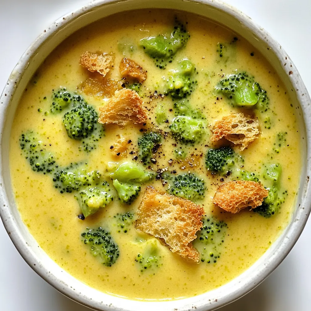 - 4 cups fresh broccoli florets, chopped - 1 medium onion, diced - 3 cloves garlic, minced - 2 cups shredded sharp cheddar cheese - 1 cup whole milk - 1/2 cup heavy cream - 4 cups vegetable broth - 1/4 cup all-purpose flour - 1 teaspoon dijon mustard - 1/2 teaspoon nutmeg - Salt and pepper to taste - 2 tablespoons olive oil This creamy soup starts with fresh broccoli, onion, and garlic. These veggies give the soup a bright flavor. Broccoli florets add a nice crunch and color. Diced onion brings sweetness, while minced garlic adds warmth. Next, we have the dairy products. The sharp cheddar cheese melts beautifully. It gives the soup a rich, cheesy taste. Whole milk and heavy cream make the soup extra smooth and creamy. They help balance the flavors and create a lovely texture. For seasonings, we use vegetable broth as the soup base. It keeps the soup light and healthy. All-purpose flour thickens the soup. Dijon mustard adds a hint of tang. Nutmeg, salt, and pepper round out the flavors. Each ingredient plays a key role in making this soup delicious and comforting. Sautéing onions and garlic Start by heating olive oil in a large pot over medium heat. Add the diced onion and sauté for about five minutes. You want the onion to turn soft and translucent. Then, add the minced garlic and cook for one more minute. This step fills your kitchen with a wonderful aroma. Adding flour to the mixture Next, sprinkle the flour over the soft onion and garlic. Stir well to mix it all together. Cook this mixture for two to three minutes until it turns a light golden color. This helps thicken your soup later on. Pouring in vegetable broth Slowly pour in the vegetable broth while whisking continuously. This prevents lumps from forming. Bring the mixture to a gentle simmer. Cooking broccoli until tender Add the chopped broccoli florets to the pot. Let it cook for about ten to twelve minutes. You want the broccoli to be tender but still bright green. This keeps the flavor fresh. Using an immersion blender Now it's time to blend the soup. Use an immersion blender to puree the soup until it's smooth. If you like, you can leave some chunks for a bit of texture. Incorporating dairy and cheese Stir in the whole milk, heavy cream, dijon mustard, nutmeg, and shredded cheddar cheese. Cook on low heat until the cheese melts fully. This makes the soup rich and creamy. Don't forget to add salt and pepper to taste. Adjust to your liking for the best flavor! To achieve the right texture, you can choose between smooth and chunky. A smooth soup feels creamy and silky. If you prefer some bite, leave it chunky. To do this, simply blend half the soup and mix it back in. This gives you a great mix of creaminess and texture. Adding spices and herbs boosts the flavor. Consider using garlic powder, thyme, or even a pinch of cayenne for heat. You can also swap out cheddar for other cheeses. Gruyère or Monterey Jack melt well and add unique tastes. For garnishes, croutons work wonders. They add crunch and soak up the soup’s flavor. You can also pair this soup with a crusty baguette or a fresh salad. These sides make your meal feel complete and satisfying. {{image_2}} You can change the veggies in this soup. Try adding carrots, cauliflower, or spinach. Each option brings a fresh taste. You can also mix in peas for sweetness. These swaps keep the soup fun and new. If you want a dairy-free soup, use coconut milk instead of whole milk and heavy cream. Nutritional yeast adds a cheesy flavor without dairy. Almond milk is another great option that keeps it creamy. These changes let everyone enjoy this dish. Add spices to give the soup a global flair. A pinch of curry or cumin can change the flavor. Try adding smoked paprika for a smoky taste. Each spice brings a new twist to the classic recipe. Different cheeses can make this soup special. Swap sharp cheddar for gouda or pepper jack. Each cheese has its own flavor that can brighten the soup. Experiment with blue cheese or brie for a rich taste. In summer, make the soup lighter. Use less cream and add more broth. You can also serve it chilled for a refreshing twist. This version is great on warm days. In winter, add hearty ingredients. Try diced potatoes or white beans for extra protein. These additions make the soup filling and warm. They’re perfect for cold days when you need comfort. You can keep Cheesy Broccoli Cheddar Soup in the fridge for about 3 to 4 days. Store it in airtight containers. This way, it stays fresh and tasty. For the best storage, use glass containers. They help keep flavors intact and are easy to clean. If you use plastic, make sure it is BPA-free. To freeze leftovers, let the soup cool completely. Then, pour it into freezer-safe containers. Leave some space at the top, as the soup will expand when frozen. When you are ready to eat it, thaw the soup in the fridge overnight. You can also use the microwave to thaw it quickly. When reheating, do it slowly on the stove. Stir often to keep the cheese smooth. Check for signs of spoiled soup. If you see mold, throw it away. A sour smell is another red flag. If the soup has a strange color or texture, it’s best not to eat it. Always trust your senses! Yes, you can use frozen broccoli. Frozen broccoli makes cooking easier. However, it can change the soup's texture. Fresh broccoli keeps a nice bite, while frozen may be softer. Adjust cooking time to about 8-10 minutes. This helps it heat through without getting too mushy. This soup is not gluten-free as it contains all-purpose flour. To make it gluten-free, replace the flour with cornstarch or a gluten-free flour blend. Mix it with a bit of cold water before adding to the soup. This will thicken it without gluten. You can serve this soup with many tasty sides. Here are some great options: - Crusty bread: Perfect for dipping. - Salad: A fresh green salad adds crunch. - Grilled cheese: A classic pairing that kids love. - Croutons: For extra texture on top. These options make a meal feel more complete and satisfying. This blog explored making Cheesy Broccoli Cheddar Soup with fresh ingredients, dairy, and key seasonings. I shared step-by-step instructions, along with tips to enhance flavor and texture. You can customize the soup with different vegetables or dairy-free options. Remember to store it correctly to keep it fresh. With this guide, you can create a delicious soup that suits any taste. Enjoy your cooking journey and make it your own!