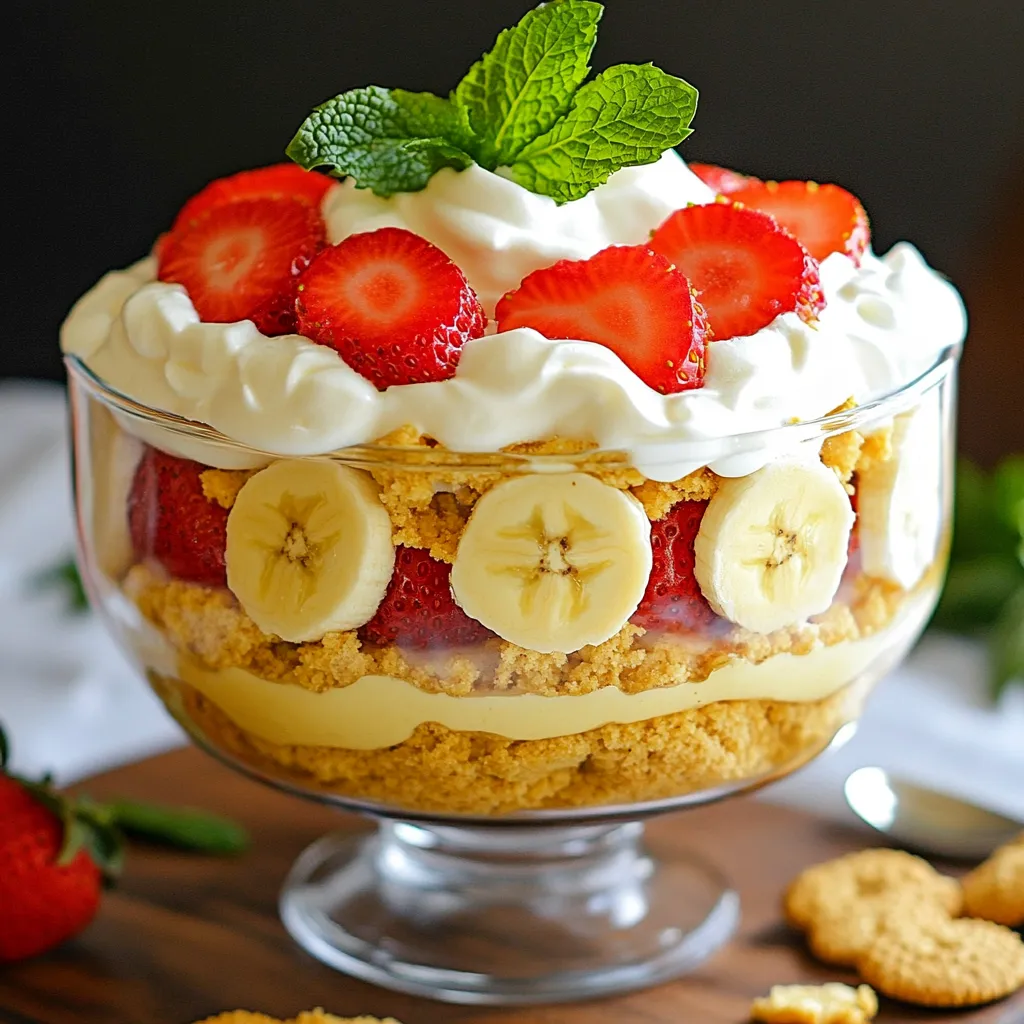 - 2 cups fresh strawberries, sliced - 2 ripe bananas, sliced - 1 cup vanilla pudding mix (instant) - 2 cups milk (for pudding) - 1 cup whipped cream (store-bought or homemade) - 1/2 teaspoon vanilla extract - 1 cup crushed graham crackers - 2 tablespoons brown sugar (optional) - Fresh mint leaves for garnish (optional) When measuring ingredients, use dry and liquid measuring cups. For flour and sugar, use a spoon to fill the cup, then level it off. For liquids like milk, pour until it reaches the line on the cup. This ensures accuracy and great results. Choose ripe strawberries that are bright red and firm. Look for shiny skin, which means they are fresh. For bananas, select ones that are yellow with a few brown spots. This indicates they are sweet and perfect for your pudding. Always wash your fruit before using it to remove dirt and pesticides. {{ingredient_image_1}} First, grab a mixing bowl. Pour in 1 cup of instant vanilla pudding mix. Add 2 cups of cold milk and whisk well. Keep mixing until it blends smoothly. Let this sit for about 5 minutes. It will thicken up nicely. This creamy base sets the stage for our dessert. Now, find a serving dish or some cute parfait glasses. Start with a layer of crushed graham crackers at the bottom. Spread a layer of the vanilla pudding on top of the crackers. Next, add a layer of sliced strawberries, then sliced bananas. Repeat these layers: graham crackers, pudding, strawberries, and bananas. Keep going until you fill your dish. Finish with a fluffy layer of whipped cream on top. For a sweet touch, sprinkle some brown sugar over the whipped cream. Refrigerate your Strawberry Banana Pudding Dream for at least 1 hour. This cooling time helps all the flavors mix well. It also allows the dessert to set properly. If you can wait longer, that’s even better! The longer it chills, the more delicious it becomes. To make your Strawberry Banana Pudding Dream smooth, use fresh ingredients. Fresh strawberries and ripe bananas add great flavor and texture. When mixing the pudding, whisk it well with milk. Let it sit for 5 minutes to thicken properly. When you fold in the whipped cream, do it gently. This keeps the mixture light and fluffy. Always layer carefully to keep the texture intact. Making whipped cream is easy. Start with chilled heavy cream. Pour 1 cup into a bowl. Use a hand mixer or whisk to beat it. Stop when soft peaks form. Add 1/2 teaspoon of vanilla extract for flavor. If you want it sweeter, add sugar to taste. Homemade whipped cream tastes fresh and makes your dessert special. You can serve this dessert in many ways. Use large bowls for family style. Individual parfait glasses look nice for parties. Add some fresh mint leaves on top for color. You can also add extra fruit slices for a pretty touch. If you like crunch, sprinkle more crushed graham crackers on top. Enjoy it chilled for a refreshing treat! Pro Tips Use Ripe Fruits: Ensure your bananas and strawberries are perfectly ripe for the best flavor and sweetness. Chill Before Serving: Allow the dessert to chill for at least an hour for the flavors to meld and the pudding to set properly. Homemade Whipped Cream: For a richer taste, consider making your own whipped cream using heavy cream and sugar. Layering Technique: Pay attention to layering; start with graham crackers for a delightful crunch at the bottom and alternate fruits for visual appeal. {{image_2}} You can make this dessert gluten-free. Use gluten-free graham crackers instead of regular ones. Many brands offer tasty options. Check the label to ensure they are truly gluten-free. This simple swap keeps the crunchy texture while making it safe for those with gluten allergies. While strawberries and bananas are classic choices, feel free to mix it up! You might try peaches, blueberries, or raspberries. Each fruit brings its unique flavor and sweetness. Experiment with combinations to find your favorite mix. You could also add some citrus zest for a fresh twist. For a vegan version, use plant-based pudding mix. Almond or coconut milk works well in place of regular milk. Replace whipped cream with coconut cream or a store-bought vegan version. Use vegan graham crackers too. These easy swaps keep the dessert creamy and delicious without any animal products. To store leftovers of your Strawberry Banana Pudding Dream, place it in an airtight container. Make sure the lid is sealed tight. This helps keep the dessert fresh. If you use individual glasses, cover each one with plastic wrap. This way, they stay moist and tasty. To keep your pudding fresh, avoid adding the whipped cream until you are ready to eat. If the whipped cream sits too long, it can lose its light texture. Store your pudding in the fridge. It tastes best when it's cold. Always check for any signs of spoilage before serving. You can freeze this dessert, but it’s better to freeze just the pudding layer. The fruit and whipped cream do not freeze well. To freeze, place the pudding in a freezer-safe container. Leave some space at the top for expansion. When you’re ready to eat, let it thaw in the fridge overnight. Add fresh fruit and whipped cream right before serving for the best taste. Yes, you can use frozen fruit. Frozen strawberries and bananas work well. They may not be as firm as fresh fruit, but they still add great flavor. Just thaw them and drain excess liquid before using. This keeps your pudding dream from getting too soggy. You can keep this dessert in the fridge for about 3 days. Make sure to cover it tightly to avoid drying out. The layers may soften over time, but the taste remains delicious. Enjoy it within this time for the best flavor and texture. Yes, making it a day ahead is a great idea! It allows the flavors to blend well. Just be sure to chill it overnight. This way, you save time and can impress your guests with a beautiful dessert. You now know how to craft a wonderful Strawberry Banana Pudding Dream. We covered the right ingredients, tips for perfect texture, and how to store leftovers. You can use variations to suit your needs, including gluten-free or vegan options. Don't forget to check out the FAQs for your concerns. Enjoy making and sharing this tasty dessert with friends and family! Trust me, your efforts will be worth it.