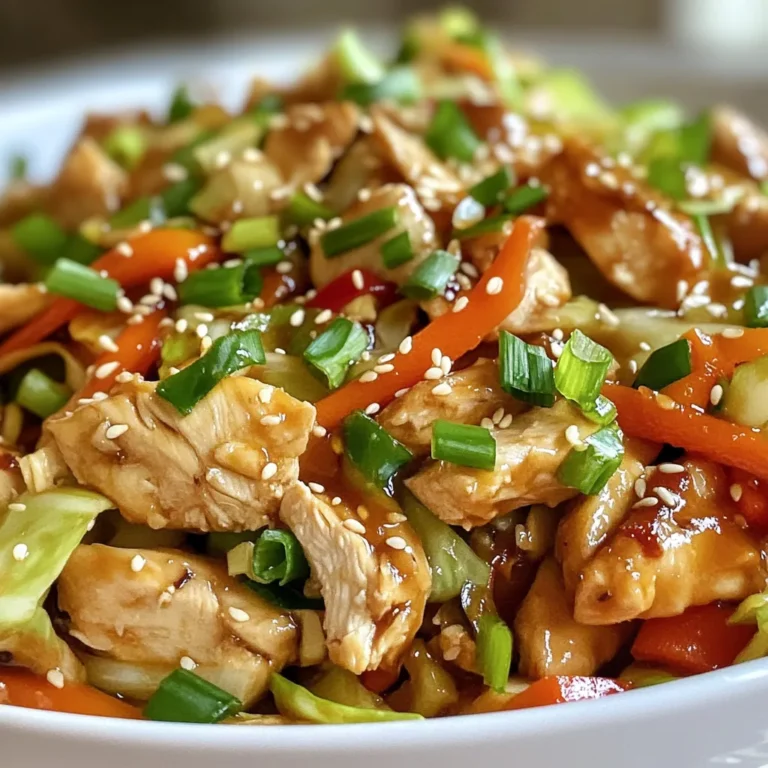 - Chicken: 2 chicken breasts, thinly sliced - Vegetables: 4 cups green cabbage, 1 red bell pepper, 1 cup carrots, 3 green onions - Aromatics: 3 cloves garlic, 1 tablespoon ginger - Sauces and Oils: 3 tablespoons low-sodium soy sauce, 1 tablespoon sesame oil, 1 tablespoon olive oil, 1 tablespoon rice vinegar - Seasoning: Salt, pepper, sesame seeds for garnish Gathering your ingredients is key to a great stir fry. I love to use fresh chicken. Thin slices cook quickly and stay juicy. The green cabbage adds a nice crunch. I find red bell pepper adds a sweet touch. Carrots give color and a bit of sweetness, too. Green onions bring a fresh taste. Don't forget the aromatics! Garlic and ginger make this dish smell amazing. They add depth and flavor. For sauces, I always use low-sodium soy sauce. It gives that savory flavor without too much salt. Sesame oil adds richness, while rice vinegar gives a hint of tang. Finally, I like to season with salt and pepper. A sprinkle of sesame seeds finishes it off nicely. These ingredients come together to create a quick and tasty meal. {{ingredient_image_1}} 1. Heating the oil and cooking the chicken Start by heating the olive oil in a large skillet over medium-high heat. Let it shimmer, then add the thinly sliced chicken. Season it with salt and pepper. Cook the chicken for about 5-7 minutes until it turns golden and is no longer pink. Remove the chicken and set it aside. 2. Adding garlic and ginger In the same skillet, add the minced garlic and grated ginger. Stir quickly for about 30 seconds. This helps to bring out their lovely flavors. Be careful not to let them burn. 3. Stir-frying the vegetables Next, toss in the shredded cabbage, red bell pepper slices, and julienned carrots. Stir-fry these colorful veggies for 5-6 minutes. You want them to be tender, but still crisp. This adds a nice texture to your dish. 1. Returning chicken to skillet Now it’s time to bring back the cooked chicken. Add it back into the skillet with the veggies. 2. Adding sauces and mixing Pour in the low-sodium soy sauce, sesame oil, and rice vinegar. Toss everything together until well-coated. Cook for about 2-3 more minutes to heat everything through. This is where the magic happens! 1. Garnishing with green onions and sesame seeds Once everything is well-mixed and heated, remove the skillet from the heat. Sprinkle the chopped green onions and sesame seeds on top. This gives your Chicken Cabbage Stir Fry a fresh look and extra crunch. Enjoy your meal! To achieve perfectly sautéed chicken in your stir fry, follow these steps: - Use thinly sliced chicken breasts for quick cooking. - Heat olive oil until it shimmers before adding the chicken. - Season your chicken with salt and pepper for added flavor. - Cook the chicken for about 5-7 minutes, ensuring it turns golden brown. For crisp vegetables, remember these points: - Stir-fry on high heat for quick cooking. - Add the vegetables after the chicken is cooked. - Cook cabbage, bell pepper, and carrots for about 5-6 minutes. - Stir constantly to keep them tender yet crisp. To boost the flavors in your Chicken Cabbage Stir Fry, consider these spices and ingredients: - Add red pepper flakes for heat. - Toss in a splash of oyster sauce for depth. - Use fresh herbs like cilantro for a fresh kick. Experiment with different oils for varied flavors: - Try avocado oil for a mild taste. - Peanut oil adds a nice nutty aroma. - Coconut oil brings a tropical twist. For side dishes, pair your stir fry with: - Steamed jasmine rice for a classic touch. - Quinoa for a healthy twist. - Noodles for a heartier meal. For garnishes, consider these options: - Chopped green onions for a fresh crunch. - Sesame seeds for a nutty finish. - A squeeze of lime for brightness. Pro Tips Cut Chicken Evenly: For even cooking, ensure the chicken breasts are sliced uniformly. This helps them cook at the same rate, preventing some pieces from being overcooked while others are undercooked. Don’t Overcrowd the Pan: When sautéing, avoid overcrowding the skillet. This can cause the chicken to steam rather than brown, resulting in less flavorful meat. Use Fresh Veggies: For the best texture and flavor, use fresh vegetables. They will maintain their crunch and vibrant color during the stir-fry process. Customize Your Sauce: Feel free to adjust the sauce ingredients according to your taste. Add a dash of chili sauce for heat or a touch of honey for sweetness to enhance the flavor profile. {{image_2}} If you want to change up the protein, shrimp or tofu are great choices. Shrimp cooks fast and adds a nice flavor. Just sauté it until it’s pink, then add the veggies. Tofu is a great plant-based option. Press it first to remove extra water. Then, cut it into cubes and sauté until golden. Both options work well with the same sauces. Stir fries are super flexible with veggies. You can use broccoli, snap peas, or bell peppers. Try adding zucchini or mushrooms for more texture. Carrots and cabbage give sweetness and crunch, but mix it up! Use whatever you have on hand. Just make sure to cut them into bite-sized pieces for even cooking. If you need gluten-free options, use tamari sauce instead of soy sauce. It has a similar taste without the gluten. For a low-carb version, skip the rice vinegar and use more fresh veggies. You can also add cauliflower rice instead of regular rice. This keeps the dish light but still full of flavor. To store Chicken Cabbage Stir Fry, let it cool first. Place it in an airtight container. This keeps the dish fresh and tasty. You can store it in the fridge for up to three days. If you want to keep it longer, freezing is a good option. To reheat, use a skillet over medium heat. Add a splash of water or broth. This helps keep the dish moist. Stir it often until heated through. You can also use the microwave. Heat in short bursts, stirring in between. This keeps the flavor intact and avoids overcooking. Yes, you can freeze Chicken Cabbage Stir Fry. It’s best to freeze it in portions. Use freezer-safe bags or containers. Remove as much air as possible to prevent freezer burn. To thaw, place it in the fridge overnight. You can also use the microwave for a quick thaw. Can I make Chicken Cabbage Stir Fry ahead of time? Yes, you can prepare Chicken Cabbage Stir Fry ahead of time. Cook it fully, let it cool, and store it in an airtight container in the fridge. It stays fresh for up to 3 days. When you're ready to eat, just reheat it in a pan or microwave. Is Chicken Cabbage Stir Fry healthy? Absolutely! This dish is packed with lean protein and fresh veggies. Chicken provides protein, while cabbage, bell peppers, and carrots offer vitamins and fiber. Using low-sodium soy sauce and healthy oils makes it even better for you. How can I make this recipe spicier? To add some heat, mix in red pepper flakes or sliced jalapeños. You can also use sriracha or chili paste in the sauce. Start with a small amount, then increase based on your spice preference. What can I use instead of soy sauce? If you need a soy sauce substitute, try tamari or coconut aminos. Both options are lower in sodium and gluten-free. You can also use a mix of balsamic vinegar and water for a different flavor. Can I use pre-packaged coleslaw mix? Yes, using pre-packaged coleslaw mix is a great time-saver. It usually contains shredded cabbage and carrots, making it a quick swap for the fresh veggies in the recipe. Just make sure to check for any added sauces or preservatives. What type of pan is best for stir frying? A wok is ideal for stir frying. It allows even heat and quick cooking. If you don’t have one, a large skillet works too. Make sure it has high sides to prevent spills. Can I cook this dish in a slow cooker? While stir fry is best on high heat, you can adapt it for a slow cooker. Cook the chicken and veggies on low for 4-6 hours. However, your veggies will be softer than in a stir fry. For a quicker method, I recommend using a stovetop for that crisp texture. This blog post shared a simple yet flavorful Chicken Cabbage Stir Fry recipe. You learned about all the key ingredients, the easy steps for cooking, and tips to enhance the dish. I also covered how to store leftovers, variations, and answered common questions. Remember, you can switch up the proteins or veggies to suit your taste. Cooking can be fun and simple, so get creative in the kitchen! Enjoy your delicious stir fry and share your experience with others.