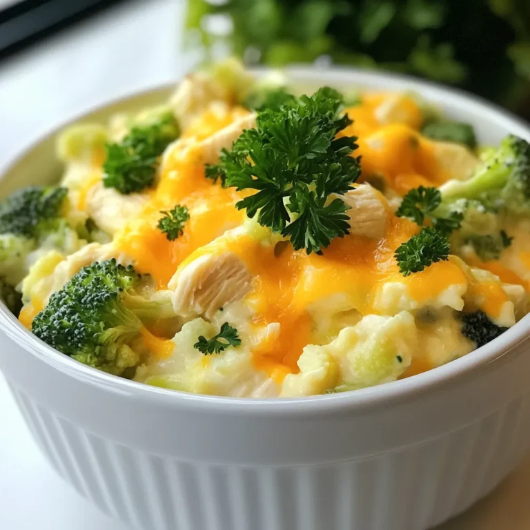 For this easy low carb chicken casserole, you will need: - 2 cups cooked chicken, shredded - 1 cup cauliflower florets (fresh or frozen) - 1 cup broccoli florets (fresh or frozen) - 1 cup cream cheese, softened - 1 cup shredded cheddar cheese - ½ cup grated parmesan cheese - 1 cup chicken broth (low sodium) - 2 cloves garlic, minced - 1 teaspoon onion powder - 1 teaspoon paprika - Salt and pepper to taste - Fresh parsley for garnish (optional) These ingredients come together to create a comforting meal that is both low in carbs and high in flavor. You can customize your casserole by adding or swapping ingredients. Here are some ideas: - Vegetables: Spinach or zucchini add great taste. - Spices: Try adding Italian seasoning or red pepper flakes for a kick. - Cheeses: Use mozzarella instead of cheddar for a different flavor. - Protein: Swap chicken for turkey or even cooked sausage for variety. These options let you make the dish your own and keep it exciting! This casserole is not just tasty, but also healthy. Each serving (1/6 of the recipe) has: - Calories: 350 - Protein: 28g - Carbohydrates: 7g - Fiber: 2g - Fat: 25g This makes it a great option for those watching carbs while still enjoying a filling meal. {{ingredient_image_1}} 1. First, preheat your oven to 350°F (175°C). This step warms the oven for baking. 2. Take a large mixing bowl. Combine 2 cups of shredded chicken, 1 cup of cauliflower florets, and 1 cup of broccoli florets. 3. In another bowl, mix 1 cup of softened cream cheese, half of the shredded cheddar cheese, ½ cup of grated parmesan, and 1 cup of low-sodium chicken broth. 4. Add 2 minced garlic cloves, 1 teaspoon of onion powder, 1 teaspoon of paprika, and salt and pepper. Stir until smooth. 5. Pour this creamy mixture over the chicken and veggies. Stir well until all pieces are covered. 6. Next, transfer the mixture to a greased 9x13 inch baking dish. Spread it out evenly. 7. Sprinkle the remaining cheddar cheese on top of the casserole. This adds a nice, cheesy crust. 8. Place the dish in your preheated oven. Bake for 25-30 minutes. Watch for the cheese to turn golden brown and the casserole to bubble. 9. When done, remove the dish from the oven. Let it cool for a few minutes before serving. 10. Serve the casserole in individual bowls. You can drizzle with extra chicken broth for moisture. 11. For a touch of color, sprinkle fresh parsley on top. It adds a nice, fresh taste too! To get a smooth cheese mix, use softened cream cheese. Softening helps it blend well. Mix the cream cheese with half of the cheddar cheese and parmesan cheese. Add chicken broth slowly while stirring. This helps avoid lumps. Use a hand mixer if needed for a creamier texture. You want a thick, spreadable mixture that coats the chicken and veggies. Choose fresh or frozen broccoli and cauliflower. Fresh gives a nice crunch, while frozen is quick and easy. If using frozen, thaw and drain them first. This keeps the casserole from being too watery. Cut the veggies into small pieces for even cooking. Mixing them well with chicken ensures every bite is tasty. You can prepare the casserole a day ahead. Just cover it tightly and store it in the fridge. When ready to bake, let it sit at room temperature for about 30 minutes. This helps it cook evenly. If you have leftovers, store them in an airtight container. To reheat, use the oven at 350°F (175°C) until warm. This keeps the cheese nice and melty. Pro Tips Use Leftover Chicken: This recipe is perfect for using up leftover cooked chicken, making it a quick and efficient meal option. Mix and Match Veggies: Feel free to substitute or add other low-carb vegetables like zucchini or spinach to suit your taste preferences. Cheese Variations: Experiment with different types of cheese such as mozzarella or pepper jack for varied flavors and textures. Make Ahead: Prepare the casserole a day in advance and refrigerate it to save time on busy nights; just add a few extra minutes to the baking time. {{image_2}} You can swap chicken for other proteins. Try turkey or cooked shrimp. Both work well in this dish. For a beef option, use shredded cooked beef. Each protein brings a unique flavor. Adjust cooking time as needed. Make sure all proteins are fully cooked before mixing. This keeps your casserole safe and tasty. If you want a vegetarian dish, replace chicken with hearty veggies. Use mushrooms, bell peppers, or zucchini. Add more cauliflower and broccoli for bulk. You can also use cooked lentils or beans for protein. Keep the cheese and cream cheese for a rich texture. This version is still creamy and filling. It’s a great choice for meatless meals. To make a dairy-free casserole, swap cheese and cream cheese for plant-based options. Use coconut cream and nutritional yeast for creaminess. There are many dairy-free cheeses available now. Look for brands that melt well. Check the ingredient labels to ensure they fit your diet. This version still offers great taste without dairy. To keep your low carb chicken casserole fresh, let it cool first. Then, place it in an airtight container. You can store it in the fridge for up to four days. If you want to keep it longer, freezing is a great option. For freezing, make sure the casserole is completely cool. Cut it into portions for easy use later. Wrap each piece tightly in plastic wrap. Place the wrapped portions in a freezer-safe bag or container. You can freeze it for up to three months. Label the bags with the date for easy tracking. When you're ready to enjoy your casserole again, there are a few ways to reheat it. For the oven, preheat to 350°F (175°C). Place the casserole in an oven-safe dish and cover with foil. Heat for 25-30 minutes, or until hot. If you're in a hurry, you can use the microwave. Place a portion on a microwave-safe plate, cover it, and heat for 2-3 minutes. Check that it is hot all the way through before serving. This casserole is low in carbs because it swaps pasta and rice for veggies. I use cauliflower and broccoli, which are both low in carbs. These vegetables add fiber and nutrients without the extra carbs. The cream cheese and cheese add flavor and richness without raising the carb count much. Overall, this dish is tasty and keeps carb numbers low. Yes, you can use different vegetables! I love to mix it up based on what I have. Zucchini, bell peppers, or spinach work great. Just chop them small so they cook well with the chicken. You can also use frozen veggies if fresh ones aren’t handy. Just remember to adjust cooking time if you use more water-rich veggies like zucchini. You can store this casserole in the fridge for about three to four days. Just cover it with plastic wrap or foil to keep it fresh. When you’re ready to eat, warm it up in the oven or microwave. It tastes great even as leftovers! In this post, we explored all about low-carb chicken casserole. We covered key ingredients, step-by-step cooking methods, and handy tips. You can customize your dish with variations like vegetarian or dairy-free options. Storing leftovers and reheating them is quick and easy. Try this recipe for a simple and tasty meal that fits your low-carb plan. Enjoy cooking, and savor each bite!
