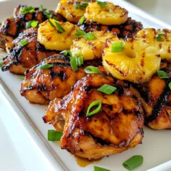 - 4 chicken thighs (bone-in, skin-on for extra flavor) - 1/2 cup soy sauce - 1/3 cup brown sugar - 1/4 cup ketchup - 1/4 cup pineapple juice - 1 tbsp minced garlic - 1 tbsp ginger, grated - 2 tbsp sesame oil - 1/2 tsp black pepper - 1/4 tsp crushed red pepper flakes (optional, for heat) - 1 green onion, chopped (for garnish) - 1 fresh pineapple, sliced (for grilling) The marinade is the heart of this dish. It adds layers of taste to the chicken. Mix these ingredients well: - Soy sauce gives a salty base. - Brown sugar brings sweetness and caramelization. - Ketchup adds a tangy twist. - Pineapple juice provides a tropical flair. - Minced garlic and grated ginger infuse fresh, zesty notes. - Sesame oil enriches the blend with nutty depth. - Black pepper and optional red pepper flakes add a hint of spice. To make your dish pop, consider these garnishes: - Chopped green onion adds freshness and color. - Grilled pineapple slices enhance the tropical theme. - A sprinkle of sesame seeds can give extra crunch. These ingredients come together to create a flavorful dish that's both fun to cook and eat. Enjoy the grilling experience with family and friends! {{ingredient_image_1}} To start, gather your ingredients. You need soy sauce, brown sugar, ketchup, pineapple juice, minced garlic, grated ginger, sesame oil, black pepper, and optional crushed red pepper flakes for some heat. In a medium bowl, mix all these items. Whisk until the brown sugar dissolves. This creates a sweet and savory marinade that is key to the flavor of Huli Huli chicken. Next, take 4 chicken thighs. I recommend using bone-in and skin-on thighs for extra taste. Place them in a large resealable plastic bag or a glass baking dish. Pour the marinade over the chicken, making sure each piece is well coated. Seal the bag or cover the dish tightly. Put it in the fridge to marinate for at least 2 hours, but overnight works best. This step lets the flavors soak in deeply. When you’re ready to grill, preheat your grill to medium-high heat. If you use a charcoal grill, wait until the coals glow. While the grill heats, slice a fresh pineapple into rings or triangles. Keep the skin on for easier handling. Take the chicken out of the marinade, but save the marinade for basting. Place the chicken on the grill. Grill for 6-7 minutes on each side. Baste with the reserved marinade every few minutes. Cook until the chicken reaches an internal temperature of 165°F (75°C). In the last few minutes, add the pineapple slices to the grill. Cook them for 2-3 minutes on each side until they are caramelized and have nice grill marks. Once the chicken is done, let it rest for 5 minutes. Serve the grilled chicken on a platter with the grilled pineapple around it. Add chopped green onions for a bright finish. Enjoy your flavorful Huli Huli chicken! To get the best flavor, marinate your chicken for at least two hours. For deeper taste, marinate overnight. Use a resealable bag or a glass dish. This keeps the chicken well-coated in the marinade. Make sure to turn the chicken in the marinade for even flavor. If you can, poke a few holes in the chicken. This helps the marinade soak in better. Heat your grill to medium-high before adding chicken. This ensures a good sear and keeps the juices in. Place the chicken skin-side down first. Grill for six to seven minutes on each side. Use the reserved marinade to baste the chicken while it cooks. This adds flavor and moisture. Always check the internal temperature. It should reach 165°F (75°C) for safety. Serve your Huli Huli Chicken on a large platter. Arrange grilled pineapple slices around it for a tropical touch. Drizzle any leftover marinade over the chicken for extra flavor. Garnish with chopped green onions for a fresh look. Pair this dish with rice or a light salad for a complete meal. Enjoy the vibrant flavors of Hawaii right at home! Pro Tips Marinate Longer for Flavor: For the best flavor, marinate the chicken thighs overnight. This allows the flavors to deeply penetrate the meat. Grill Temperature Matters: Ensure your grill is preheated to medium-high heat before placing the chicken on it. This will help achieve a nice sear and prevent sticking. Use a Meat Thermometer: To ensure your chicken is perfectly cooked, use a meat thermometer. The internal temperature should reach 165°F (75°C). Serve with Fresh Ingredients: Garnish with fresh green onions and sesame seeds for an extra pop of color and flavor. It elevates the presentation and taste! {{image_2}} You can swap chicken for other meats. Try pork or beef for a tasty twist. Tofu is great for a plant-based option. Just make sure to adjust cooking times. For pork, aim for 145°F (63°C). For beef, target 160°F (71°C). Tofu absorbs flavors well. Marinate it just like the chicken. You can change the marinade to fit your taste. Add more ginger for a spicy kick. Try different fruit juices like orange or mango. If you want more heat, add more crushed red pepper flakes. You can also use honey instead of brown sugar for a unique sweetness. Grilled veggies make a great side for Huli Huli chicken. Try bell peppers, zucchini, or asparagus. Marinate them in some of the same sauce. Grill them for about 5-7 minutes until tender. Serve them alongside the chicken for a colorful plate. You can mix and match your favorite vegetables for variety. After grilling, let the chicken cool down. Place the leftover chicken in an airtight container. Make sure the lid is tight. Store it in the fridge for up to four days. If you have grilled pineapple, store it in a separate container. It keeps well for about three days. To reheat the chicken, use the oven for best results. Preheat the oven to 350°F (175°C). Place the chicken on a baking sheet. Cover it with foil to keep it moist. Heat for about 15-20 minutes until warm. You can also microwave it. Use a microwave-safe plate and cover it. Heat for about 1-2 minutes. Check to ensure it's hot all the way through. If you want to save the chicken for later, freezing is a great option. Wrap each piece in plastic wrap. Then, place them in a freezer bag. Remove as much air as possible before sealing. You can freeze the chicken for up to three months. When ready to eat, thaw it in the fridge overnight before reheating. Huli Huli Chicken is a popular Hawaiian dish. It features grilled chicken thighs marinated in a sweet and savory sauce. The marinade combines soy sauce, brown sugar, ketchup, pineapple juice, garlic, ginger, and sesame oil. This mix gives the chicken a unique taste. The name "Huli Huli" means "turn" in Hawaiian, referring to the way you grill the chicken. You should marinate the chicken for at least 2 hours. However, for the best flavor, I recommend marinating overnight. This allows the chicken to soak up all the flavors from the marinade. The longer you marinate, the tastier your chicken will be. Yes, you can cook Huli Huli Chicken in the oven. Preheat your oven to 375°F (190°C). Place the marinated chicken on a baking sheet. Cook for about 25-30 minutes, flipping halfway through. Use a meat thermometer to check if the internal temperature reaches 165°F (75°C). Many sides go well with Huli Huli Chicken, such as: - Rice (white or brown) - Grilled vegetables - Coleslaw - Corn on the cob - Fresh fruit salad These sides complement the flavors of the chicken and create a balanced meal. To ensure the chicken is fully cooked, check its internal temperature. Use a meat thermometer to see if it reaches 165°F (75°C). You can also cut into the thickest part of the chicken. If the juices run clear and there is no pink, it's done. Always let it rest for 5 minutes before serving. We covered the key parts of making tasty Huli Huli Chicken. First, we listed all the main ingredients and marinades. Next, we shared easy steps for marinating and grilling. I included tips for the best results and variations for everyone’s taste. Finally, we talked about how to store leftovers and answered common questions. I hope you feel ready to cook and enjoy this dish. Happy grilling!
