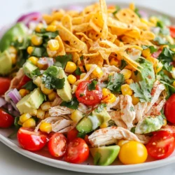 - 2 cups cooked chicken breast, shredded - 2 ears of corn (fresh or frozen) - 1 red bell pepper, diced - 1 avocado, diced - 1 cup cherry tomatoes, halved - 1/4 cup red onion, finely chopped - 1/2 cup cilantro, chopped - 1/2 cup Greek yogurt - 1 tablespoon lime juice - 1 teaspoon chili powder - Salt and pepper to taste - Tortilla strips (for garnish) This salad features bright, fresh flavors. You need just a few key ingredients to make it shine. First, grab chicken. You can use leftover chicken or cook some fresh. Shredding it helps mix in the flavors. Next, corn adds sweetness. If you use fresh corn, grill it for a smoky taste. If you use frozen corn, just sauté it until warm. The red bell pepper gives a nice crunch and color. Diced avocado adds creaminess, making the salad rich. Cherry tomatoes burst with juice and flavor. Red onion gives a sharp bite, while cilantro adds a fresh herb taste. For a creamy dressing, Greek yogurt works great. Mix it with lime juice and chili powder for a zesty kick. Finally, don’t forget salt and pepper to taste. Tortilla strips add a fun crunch on top. These ingredients come together to create a delicious meal. Feel free to mix and match based on what you have at home. Enjoy! {{ingredient_image_1}} Grilling fresh corn: step-by-step 1. Start by husking the corn. Remove all the green leaves and silk. 2. Preheat your grill to medium-high heat. 3. Place the corn directly on the grill. 4. Grill for about 10 minutes. Turn the corn every few minutes. 5. Look for light char marks to show it’s ready. 6. Once cool, cut the kernels off the cob and set aside. Using frozen corn: sautéing instructions 1. If using frozen corn, take 1 cup and thaw it. 2. Heat a pan over medium heat. 3. Add the thawed corn to the pan. 4. Cook for about 5 minutes, stirring often. 5. Sauté until the corn is heated through and slightly caramelized. 6. Let it cool before adding to the salad. Ingredients for the dressing - 1/2 cup Greek yogurt - 1 tablespoon lime juice - 1 teaspoon chili powder - Salt and pepper to taste Steps to achieve a smooth consistency 1. In a medium bowl, add Greek yogurt. 2. Squeeze in the lime juice. 3. Add chili powder, salt, and pepper. 4. Whisk the mixture until it is smooth and creamy. 5. Taste and adjust seasoning if needed. Combining all ingredients 1. In a large mixing bowl, add shredded chicken. 2. Next, add the prepared corn, diced red bell pepper, diced avocado, halved cherry tomatoes, finely chopped red onion, and chopped cilantro. Tossing with dressing 1. Pour the dressing over the salad mixture. 2. Gently toss everything together. 3. Ensure that each piece is coated with the dressing. Adjusting the seasoning 1. Taste the salad to check the flavor. 2. Add more salt, pepper, or lime juice if desired. Presentation tips for serving 1. Transfer the salad to a large serving bowl. 2. Garnish with tortilla strips on top. 3. Add extra cilantro and lime wedges for color. 4. Serve it fresh for a vibrant meal. - Best way to grill corn: Start with fresh corn. Husk the ears and remove all silk. Heat your grill to medium-high. Place the corn directly on the grill. Cook for about 10 minutes, turning it often. Look for a nice char on all sides. Once done, let it cool before cutting off the kernels. - Choosing ripe avocados and tomatoes: For avocados, look for ones that feel slightly soft when you squeeze them. A slight give means they are ripe. For tomatoes, aim for ones that are bright and firm. They should smell sweet. This ensures they are fresh and full of flavor. - Vegan alternatives: You can replace the chicken with chickpeas or black beans for a vegan version. Use cashew cream instead of Greek yogurt for a rich, creamy dressing. - Adding different proteins or veggies: Try adding shrimp, tofu, or even hard-boiled eggs. You can also include corn, zucchini, or radishes for extra crunch and flavor. - Pairing with drinks or side dishes: This salad goes well with a cold drink, like iced tea or a light beer. You can serve it with tortilla chips on the side for more texture. - Storing leftover salad: Place any leftovers in an airtight container. Store it in the fridge for up to three days. Keep the tortilla strips separate to maintain their crunch. Pro Tips Fresh Corn is Best: For the most flavorful salad, use fresh corn that has been grilled to achieve a smoky sweetness. The charring enhances the overall taste. Customize Your Dressing: Feel free to adjust the amount of lime juice and chili powder in the dressing to suit your taste. A little extra lime can add a refreshing zing! Storage Tips: If you have leftovers, store the salad and dressing separately to keep the ingredients fresh. Combine them just before serving for the best texture. Add More Crunch: For an extra layer of texture, consider adding diced cucumber or sliced radishes. They will give your salad a refreshing crunch! {{image_2}} You can change up the dressing for this salad. If you want a creamy taste, try using sour cream or avocado instead of Greek yogurt. You can also blend in some ranch dressing for a familiar flavor. For a zesty kick, make a vinaigrette with olive oil and vinegar. This gives the salad a fresh twist while keeping it light. Not a fan of cilantro? You can swap it for parsley or basil. Both herbs add a fresh note. If you dislike red onion, use green onions or shallots. They provide a milder taste. You can also switch up the veggies based on the season. Try adding corn, zucchini, or bell peppers when they are fresh and in season. To give this salad a Southwestern flair, add black beans or corn salsa. These ingredients enhance the flavor and add texture. If you want a Mediterranean touch, mix in feta cheese and olives. These ingredients change the flavor but keep it delicious and fun. Each variation brings a new taste to your table. To keep your Street Corn Chicken Salad fresh, store it in the fridge. Use an airtight container for best results. This helps prevent odors and keeps the salad tasty. Your salad will stay good for about three days. After that, the veggies may get soggy. Always check for freshness before eating. You can prepare this salad in advance for quick meals. Start by cooking the chicken and corn. Store them in separate containers to keep them fresh. Use glass or BPA-free plastic containers for storage. These options are safe and easy to clean. Label your containers with the date to track freshness. Enjoy your meal prep! What can I use instead of Greek yogurt? You can use sour cream or plain yogurt as an easy swap. For a dairy-free option, try cashew cream or coconut yogurt. These substitutes will keep your salad creamy and tasty. Can this salad be made ahead of time? Yes, you can make this salad a few hours in advance. Just mix all the ingredients, but wait to add the dressing until right before serving. This keeps everything fresh and crisp. Calories and macro breakdown per serving This salad has about 300 calories per serving. It contains around 25 grams of protein, 15 grams of carbs, and 18 grams of fat. It is a filling and healthy choice. Dietary considerations This salad is gluten-free, making it a great option for those with gluten sensitivities. It also offers healthy fats and lean protein. How to scale the recipe for larger gatherings To serve more people, just double or triple the ingredients. You can also add more veggies like corn or bell peppers for extra volume. Suggestions for customizing portions You can easily adjust the recipe. If you want smaller servings, cut down the chicken or use less dressing. This way, you can create the perfect size for any meal. This salad brings fresh flavors and easy prep. You learned about key ingredients and how to prepare them. I shared tips for grilling corn, choosing ripe veggies, and dressing options. Customize it to your taste with different proteins or dressings. Whether serving at a casual meal or as a side dish, it impresses. Enjoy the bright colors and flavors, and feel good knowing it’s healthy. Keep these ideas in mind for your next meal to share with friends and family. Happy cooking!