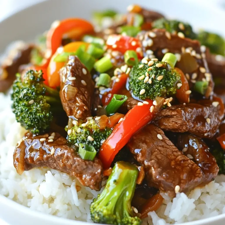 - 1 lb (450g) beef sirloin, thinly sliced against the grain - 2 cups broccoli florets - 1 red bell pepper, sliced For a great stir fry, use fresh beef sirloin. Slice it thinly against the grain. This cuts the fibers for a tender bite. Next, grab some vibrant broccoli florets. They add color and crunch. Lastly, choose a firm red bell pepper. This pepper brings sweetness and a nice crunch to the dish. - 1/4 cup honey - 1/4 cup low-sodium soy sauce - 1 tablespoon fresh ginger, grated The sauce is what makes this dish pop! For sweetness, use honey. It gives a glossy finish. Next, low-sodium soy sauce adds that savory flavor. This sauce balances well with the sweetness. Fresh ginger brightens the dish with a warm spice. Grate it for a smooth mix. - Sesame seeds - 2 green onions, chopped for garnish - Cooked jasmine rice for serving Garnishes make your dish look fancy! Sprinkle sesame seeds for a nutty crunch. Chopped green onions add color and freshness. Serve the stir fry over jasmine rice. This fluffy rice soaks up the sauce and rounds out the meal. {{ingredient_image_1}} Mixing the sauce In a small bowl, mix together honey, soy sauce, grated ginger, and cornstarch. This sauce gives the dish its sweet and savory flavor. Set the bowl aside while you prepare the other ingredients. Slicing the beef and vegetables Take 1 lb of beef sirloin and slice it thinly against the grain. This helps keep the beef tender. Next, slice 1 red bell pepper and chop 2 cups of broccoli florets. Having everything prepped makes cooking easier. Stir-frying beef Heat 1 tablespoon of vegetable oil in a large skillet or wok over medium-high heat. Add the sliced beef and season it with salt and pepper. Stir-fry the beef for about 2-3 minutes until it gets a nice brown color. Be careful not to overcook it. Remove the beef from the skillet and set it aside. Cooking vegetables In the same skillet, add another tablespoon of oil. Toss in the minced garlic and sliced red bell pepper. Stir-fry these for about 2 minutes until the pepper softens a bit. Add the broccoli florets next. Keep stir-frying for 3-4 minutes. The broccoli should be bright green and tender-crisp at this point. Adding sauce to stir-fry Return the beef to the skillet with the cooked vegetables. Pour the honey-soy sauce mixture over everything. Add 1/4 cup of water to help the sauce coat the dish. Stir all the ingredients together until they are well combined. Thickening the sauce Cook everything for another 2-3 minutes. This allows the sauce to thicken and heat the dish through. Once it looks good, you’re ready to serve! Choosing the right cut of beef I love using beef sirloin for this stir fry. It is tender and full of flavor. Slice it thinly against the grain. This makes each bite soft and easy to chew. If you can’t find sirloin, flank steak works well too. How to achieve tender broccoli To get tender broccoli, cook it just enough. First, steam the florets for a few minutes before adding them to the stir fry. This keeps the bright green color and crunch. You can also add them to the pan last. This way, they cook quickly but stay crisp. Adding spices or chili peppers If you want some heat, add chili flakes or sliced fresh peppers. This gives a nice kick to the dish. You can also mix in a bit of black pepper for extra flavor. Just a pinch can go a long way. Experimenting with other vegetables Don’t feel stuck with just broccoli and bell pepper. Try adding snap peas, carrots, or even mushrooms. Each vegetable adds its own taste and texture. This keeps your stir fry exciting and fresh every time. Best sides to pair with the dish Serve your stir fry over jasmine rice. The rice soaks up the sweet sauce well. You can also use brown rice or even quinoa for a health boost. For a fun twist, serve it in lettuce wraps. Presentation tips for an appealing plate Make your plate pop with color! Arrange the stir fry neatly on the rice. Sprinkle extra sesame seeds and green onions on top. A bright dish is always more inviting. Enjoy the look before you dig in! Pro Tips Slice Against the Grain: Always slice your beef against the grain to ensure tenderness and a better chew. Use Fresh Ingredients: Fresh garlic and ginger will elevate the flavors of your stir fry, making it more aromatic and flavorful. Adjust Sweetness: Feel free to adjust the amount of honey in the sauce to suit your sweetness preference—add more for a sweeter dish or less for a savory kick. Prep Your Ingredients: Have all your ingredients prepped and ready to go before you start cooking, as stir frying is a quick process and everything cooks fast! {{image_2}} You can switch the beef for chicken or shrimp. Both options work well and add new flavors. Chicken breast cooks quickly and stays juicy. Shrimp cooks fast and absorbs the sauce well. For a vegetarian choice, try tofu. Firm tofu holds its shape and takes on the delicious sauce. If you need a gluten-free option, use tamari instead of soy sauce. Tamari gives the same rich taste without gluten. For those watching calories, cut back on honey and use less oil. You can also add more veggies to keep the meal filling and light. Incorporate seasonal vegetables for fresh flavors. In spring, add snap peas or asparagus. In fall, try butternut squash or mushrooms. Adjust the sauce by adding citrus zest for a bright kick or using different spices for a festive touch during holidays. Each change brings new life to your dish. To store leftovers, let the dish cool first. Use an airtight container to keep it fresh. This method keeps the flavors intact and prevents spills. You can safely store the stir fry in the fridge for up to three days. If you notice any off smells or colors, it's best to toss it. For freezing, portion the stir fry into smaller containers. This makes it easier to thaw only what you need. Wrap each container tightly to avoid freezer burn. Honey garlic beef and broccoli stir fry can last up to three months in the freezer. When you’re ready to eat, thaw it overnight in the fridge. Reheat in a skillet over medium heat for the best texture. Meal prepping this dish is a smart choice. You can chop the veggies and slice the beef a day ahead. Store them in separate containers in the fridge. When you're ready to cook, it takes just minutes to stir-fry. Portion out meals into containers for quick lunches or dinners. Pair with jasmine rice for a complete meal. To reduce the sweetness, cut back on honey. Use only 2 tablespoons instead of 1/4 cup. You can also add more soy sauce for a saltier taste. Adding a splash of rice vinegar can help balance flavors. Try this mix for a savory kick. You can also include more garlic or ginger to deepen the flavor. These changes will keep the dish tasty while making it less sweet. Yes, you can use frozen broccoli. It is easy and saves time. Frozen broccoli is often picked at peak ripeness. This means it still has great flavor and nutrients. When using frozen broccoli, you may need to adjust cooking time. Cook it a bit longer until it is hot and tender. Make sure to drain any excess water from the frozen broccoli before adding it to the stir fry. This will help the dish stay crisp and flavorful. You can make several dishes using the same ingredients. For example, toss the beef and broccoli in a salad for a fresh meal. You can also create a beef and broccoli soup by adding broth and noodles. Another option is to make a stir-fry with chicken or shrimp. This will give you a new flavor while using the same veggies. If you have leftover sauce, use it in a glaze for grilled chicken or fish. The possibilities are endless! In this blog post, we explored making a tasty Honey Garlic Beef and Broccoli Stir Fry. We covered key ingredients like beef sirloin, broccoli, honey, and soy sauce. I shared step-by-step instructions for preparing and cooking your dish, plus tips to enhance flavor. Consider variations like using chicken or tofu for different diets. Finally, proper storage ensures your leftovers stay fresh. With these insights, you can create a delicious stir fry that impresses at any meal. Enjoy trying new flavors and techniques in your kitchen!
