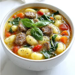 - 1 pound Italian sausage (mild or spicy, based on preference), casings removed - 1 pound potato gnocchi (store-bought or homemade) - Fresh vegetables: - 1 medium onion, diced - 3 medium carrots, diced - 2 celery stalks, diced For this soup, the main ingredients create a rich and hearty base. The Italian sausage gives flavor and a nice kick. I suggest using mild sausage for a gentle taste or spicy for more heat. Potato gnocchi adds a wonderful texture, making each bite satisfying. The fresh vegetables, like onions, carrots, and celery, not only add color but also bring sweetness and depth to the dish. - 1 teaspoon Italian seasoning - 2 tablespoons olive oil - Grated Parmesan cheese for serving The seasonings are vital for bringing the soup to life. Italian seasoning provides a blend of herbs that pairs well with the sausage. Olive oil is crucial for sautéing the vegetables and adds richness. Grated Parmesan cheese is a must for serving. It melts slightly and adds a creamy touch to each bowl. - Fresh basil leaves - Additional spices Garnishes elevate the soup's presentation. Fresh basil leaves add a pop of color and a fresh fragrance. You can also sprinkle in some extra spices to adjust the flavor to your liking. These optional garnishes make your soup feel special and inviting. - Preparing the ingredients: Start by gathering all your ingredients. You will need one pound of Italian sausage, a medium onion, two cloves of garlic, three medium carrots, and two celery stalks. Dice the onion, carrots, and celery into small pieces. Mince the garlic. This makes cooking quicker and easier. - Cooking the Italian sausage: In a large pot, heat two tablespoons of olive oil over medium heat. Once hot, add the Italian sausage. Use a spoon to break it up as it cooks. Brown the sausage for about 5 to 7 minutes until it is fully cooked. If there is too much fat, remove the excess fat from the pot. - Sautéing vegetables: Add the diced onion, carrots, and celery to the pot. Sauté them for about 5 to 7 minutes. You want the vegetables to become soft. Next, add the minced garlic and cook for one more minute until you can smell its strong aroma. - Combining soup ingredients: Pour in four cups of chicken broth and add a can of diced tomatoes. Be sure to include the juice from the tomatoes. Stir in one teaspoon of Italian seasoning, and add salt and pepper to taste. Bring the mixture to a boil. - Adding gnocchi and spinach: Once the soup reaches a boil, add one pound of potato gnocchi. Cook according to the package instructions, usually about 3 to 5 minutes, until the gnocchi are soft. Stir in one cup of chopped fresh spinach and take the pot off the heat. Let it rest for a few minutes. This helps the flavors blend well. - Adjusting seasoning: Before serving, taste the soup. Adjust the seasoning if needed. You can add more salt, pepper, or Italian seasoning to suit your taste. Serve hot, and top each bowl with fresh basil leaves and a sprinkle of grated Parmesan cheese for an extra touch. Choosing the right Italian sausage Pick between mild or spicy sausage. Mild adds warmth, while spicy gives a kick. Look for high-quality sausage with fresh herbs. This makes the soup tastier and more balanced. Tips for cooking gnocchi If using store-bought gnocchi, follow the package instructions. Usually, they cook in boiling water for 3-5 minutes. Once they float, they are ready. For homemade gnocchi, ensure they are soft and light. This keeps the soup creamy and smooth. Best herbs to add Basil and parsley are great choices. They add freshness and aroma. You can also use thyme or oregano for depth. Add herbs near the end of cooking to keep their taste bright. Alternatives to chicken broth You can swap chicken broth for vegetable broth. This works well if you want a lighter soup. Bone broth adds extra richness, making the soup heartier. Always taste before serving to adjust the flavor. {{image_2}} You can swap the Italian sausage for turkey sausage if you want a leaner option. Vegetarian sausage is also a great choice for a meatless meal. Both choices work well in this soup. They keep the flavor rich and satisfying. You can change the broth too. Use vegetable broth instead of chicken broth for a lighter taste. This switch adds a different flavor profile but still keeps the soup hearty. Adding beans or potatoes can enhance the soup's texture. White beans like cannellini add creaminess and protein. You can also dice up some potatoes for a thicker soup. They soak up the flavors and make each bite filling. Incorporating other vegetables can boost nutrition and flavor. Try adding bell peppers, zucchini, or even kale. These veggies bring color and freshness to your bowl. Feel free to play around with what you have on hand. Each addition can make this dish uniquely yours. To store Italian sausage gnocchi soup, use airtight containers. Glass or BPA-free plastic work well. Let the soup cool before sealing. This keeps it fresh longer. In the fridge, the soup lasts about 3 to 5 days. Check for any signs of spoilage before eating. If it smells off or has a strange color, it’s best to toss it. Freezing soup is simple. First, let the soup cool completely. Then, pour it into freezer-safe bags or containers. Leave some room at the top for expansion. Label the bags with the date. The soup can last up to 3 months in the freezer. To reheat, take the soup out of the freezer and thaw it overnight in the fridge. You can also use the microwave on low power. Heat the soup in a pot over medium heat. Stir it often until it’s hot throughout. Add a splash of broth if it seems too thick. Enjoy your delicious soup! Can I use homemade gnocchi? Yes, you can use homemade gnocchi. Fresh gnocchi adds a nice touch to this soup. Just ensure they cook for about 3-5 minutes once added to the pot. This will keep them fluffy and soft. How can I make this soup dairy-free? To make this soup dairy-free, skip the Parmesan cheese. You can use nutritional yeast for a cheesy flavor. Also, ensure any broth you use is dairy-free. What to serve with Italian sausage gnocchi soup? This soup pairs well with crusty bread or a fresh salad. A light green salad with vinaigrette balances the meal. You can also serve it with garlic bread for a cozy night in. Can it be made ahead of time? Yes, you can make this soup ahead of time. Store it in the fridge for up to three days. When you reheat, add fresh spinach to keep it bright. This soup tastes even better the next day! This blog post covered how to make a delicious Italian sausage gnocchi soup. We explored key ingredients, like sausage, gnocchi, and fresh veggies. You learned the best seasonings and how to enhance flavors. We provided easy steps for preparation and cooking, along with tips for perfect results. Remember, you can customize this soup with your favorite proteins and veggies. Enjoy this recipe for a warm, comforting meal any time. Happy cooking!
