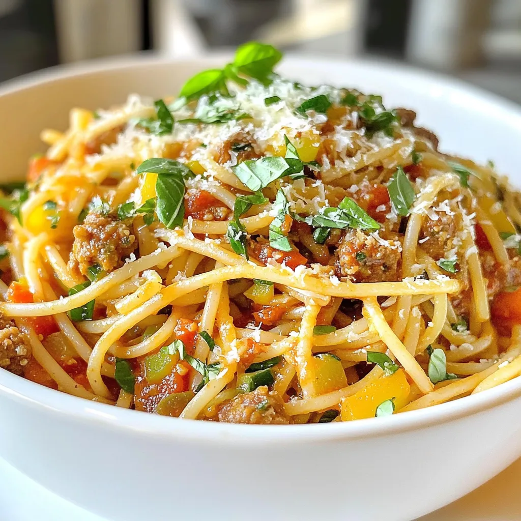 For my Minute Italian Sausage Pasta, you will need: - 12 oz (340 g) spaghetti or your favorite pasta - 1 lb (450 g) Italian sausage (mild or spicy) - 1 tablespoon olive oil - 1 medium onion, diced - 3 cloves garlic, minced - 1 red bell pepper, diced - 1 zucchini, diced - 1 can (14.5 oz) crushed tomatoes - 1 teaspoon dried oregano - 1 teaspoon dried basil - 1/2 teaspoon red pepper flakes (optional) - Salt and pepper to taste - Grated Parmesan cheese, for serving - Fresh basil leaves, for garnish When choosing Italian sausage, I recommend looking for these brands: - Johnsonville: Known for its rich flavor and good texture. - Aidells: Offers a variety of tasty and unique flavors. - Boar's Head: Great for high-quality, all-natural options. These brands provide a nice balance of spices and meat quality. Fresh produce makes a big difference in taste. Here are my tips: - Choose firm vegetables: For bell peppers and zucchinis, select ones that feel solid. - Look for bright colors: Vibrant colors often mean better flavor. - Check for blemishes: Avoid any produce with dark spots or soft areas. - Smell the garlic: It should have a strong, fresh scent. By choosing fresh ingredients, your dish will shine with flavor and texture. {{ingredient_image_1}} Start by boiling a large pot of salted water. Use enough water to let the pasta move freely. Once the water boils, add 12 ounces of spaghetti. Cook this for about 8 to 10 minutes. Check the package for exact times. You want the pasta to be al dente, which means it should be firm but not hard. Once it's cooked, drain the pasta. Keep half a cup of the pasta water. This will help later. In a large skillet, heat 1 tablespoon of olive oil over medium heat. Take your 1 pound of Italian sausage and remove its casing. Crumble the sausage into the skillet. Cook for 5 to 7 minutes, stirring often. You want the sausage to be browned and cooked through. It adds great flavor to the dish. Now, add the diced onion, minced garlic, and diced red bell pepper to the sausage. Sauté these for about 3 to 4 minutes. The veggies should soften but not lose their color. Next, add the diced zucchini and cook for another 2 to 3 minutes. Pour in a 14.5-ounce can of crushed tomatoes. Add 1 teaspoon of dried oregano, 1 teaspoon of dried basil, and red pepper flakes if you like some heat. Season with salt and pepper. Mix everything well and let it simmer for 5 to 10 minutes. This helps the flavors blend. Finally, add the cooked spaghetti to the skillet. Toss gently to coat the pasta in the sauce. If it looks dry, pour in some of that reserved pasta water until it’s just right. To add more flavor to your Minute Italian Sausage Pasta, try these tips: - Use fresh herbs: Fresh basil gives a bright flavor. Add it at the end. - Add cheese: Mix in grated Parmesan while cooking for creaminess. - Spice it up: If you love heat, use more red pepper flakes. - Use good quality sausage: Quality sausage packs a lot of flavor. Choose based on your taste. - Sauté longer: Let the onions and garlic cook until they are golden. This adds depth. Here are some common mistakes to avoid when making this dish: - Overcooking the pasta: Follow package directions for al dente pasta. It should have a bite. - Skipping the pasta water: That reserved water helps sauce stick to the pasta. - Not tasting while cooking: Always taste your sauce. Adjust salt and spices as needed. - Cooking all at once: Sauté vegetables separately for better texture and flavor. - Using dry herbs at the wrong time: Add dried herbs early to let them bloom in the sauce. To serve your dish perfectly, consider these ideas: - Garnish with fresh basil: It adds color and a fresh taste. - Pair with a side salad: A simple green salad balances the meal. - Serve with garlic bread: This makes a great side for soaking up sauce. - Add a splash of lemon juice: This brightens the flavors in the dish. - Offer extra cheese: Set out grated Parmesan for guests to add more cheese if they wish. Pro Tips Use Fresh Ingredients: Fresh vegetables and herbs will enhance the flavor of the dish, making it more aromatic and delicious. Add Pasta Water: The starchy pasta water helps to create a creamy sauce that clings to the pasta perfectly. Add it gradually until you reach the desired consistency. Experiment with Sausage: Try different types of Italian sausage, such as sweet, mild, or spicy, to customize the dish to your taste preferences. Garnish for Flavor: Fresh basil and a sprinkle of grated Parmesan cheese not only add flavor but also elevate the presentation of your dish. {{image_2}} You can use other pasta shapes, not just spaghetti. Try penne, fusilli, or rotini. These shapes hold sauce well and add fun to your meal. Whole wheat or gluten-free pasta works too. They keep your dish healthy and tasty. Feel free to mix up the vegetables in this dish. Bell peppers add sweetness, while zucchini gives a nice crunch. You can also add mushrooms or spinach. Try broccoli for extra color and nutrition. Use whatever you have in your fridge. This makes the dish your own. To make this dish vegetarian, swap the sausage for plant-based sausage. There are many brands available now. For a vegan option, skip the cheese or use a vegan alternative. You can also add more veggies for flavor. This way, everyone can enjoy a great meal. After enjoying your Minute Italian Sausage Pasta, store leftovers in an airtight container. This helps keep the dish fresh. Let the pasta cool down to room temperature before sealing. Do not leave it out for more than two hours. This prevents bacteria growth. If you have extra sauce, store it separately. You can freeze the pasta for later meals. Make sure it’s in a freezer-safe container. Use plastic wrap or aluminum foil to cover it tightly. It will stay good for up to three months in the freezer. When ready to eat, thaw it overnight in the fridge. Reheat it in a pot over low heat, adding a splash of water if needed. Stir often to keep it from sticking. Properly stored, your Minute Italian Sausage Pasta lasts in the fridge for up to four days. Check for any off smells or changes in color before eating. If you see mold, throw it out. It's better to be safe than sorry. Always trust your senses when it comes to food safety. Yes, you can use other types of sausage. Chicken sausage or turkey sausage works well. You can even try bratwurst or chorizo for a different taste. Each sausage brings its own flavor. Just make sure to cook it fully. Cooking pasta is quick and easy. It usually takes about 8-10 minutes. Follow the package directions for best results. Make sure to taste it to see if it’s al dente. This means it should be firm but not hard. You can serve many things with this dish. A simple green salad pairs well. Garlic bread or crusty rolls also make a great side. If you want something warm, try steamed vegetables. These options add color and balance to your meal. This blog covered key parts of making a great Italian sausage pasta dish. We talked about choosing fresh ingredients and brands you can trust. The step-by-step guide helped you cook the pasta and sausage perfectly. Tips and tricks help avoid common mistakes. We also explored fun variations for different diets. Finally, I shared how to store leftovers properly. With these insights, you can create a delicious meal. Now, it's your turn to enjoy this tasty dish!