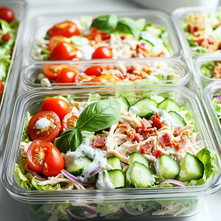 To make a tasty BLT chicken salad, gather these main ingredients: - 2 cups cooked chicken breast, shredded - 4 strips of turkey bacon, cooked and crumbled - 2 cups romaine lettuce, chopped - 1 cup cherry tomatoes, halved - 1/2 cup cucumber, diced - 1/4 cup red onion, finely chopped - 1/3 cup Greek yogurt - 1 tablespoon mayonnaise - 1 tablespoon Dijon mustard - 1 teaspoon garlic powder - Salt and pepper to taste - Fresh basil leaves, for garnish Using the right amounts helps the salad taste great. Here are the key quantities: - Chicken: Use 2 cups of cooked chicken. This gives a hearty base. - Bacon: Four strips of turkey bacon add crunch and flavor. - Lettuce: Two cups of romaine for freshness. - Tomatoes: One cup of cherry tomatoes for sweetness. - Cucumber: Half a cup keeps it crisp. - Onion: A quarter cup adds a nice bite. You can change up some ingredients for added flavor. Here are some ideas: - Lettuce: Swap romaine for arugula or spinach for a different taste. - Tomatoes: Use grape tomatoes or even diced heirloom tomatoes for variety. - Cucumber: Try zucchini or bell peppers for a unique twist. - Herbs: Add parsley or dill for extra freshness. These options keep your salad exciting and fresh. Experiment with what you like best! Start by shredding your cooked chicken breast. Place it in a large mixing bowl. Shredding makes it mix well with other ingredients. You can use rotisserie chicken for quick prep. It saves time and adds great flavor. Next, take four strips of turkey bacon. Heat a skillet over medium heat. Cook the bacon until it’s crispy, which takes about 5 to 7 minutes. Once done, let it cool. Crumble the bacon into small pieces. This adds a nice crunch to your salad. Now, it’s time to mix the main salad ingredients. Add 2 cups of chopped romaine lettuce to the bowl with chicken. Then, toss in 1 cup of halved cherry tomatoes, 1/2 cup of diced cucumber, and 1/4 cup of finely chopped red onion. These veggies bring color and freshness to your meal. In a small bowl, combine the dressing ingredients. Mix 1/3 cup of Greek yogurt with 1 tablespoon of mayonnaise and 1 tablespoon of Dijon mustard. Add 1 teaspoon of garlic powder, salt, and pepper to taste. Stir until it’s smooth and creamy. This dressing makes the salad rich and delicious. Pour the dressing over the salad ingredients. Gently fold everything together. Ensure all components are coated with the dressing. Once mixed, divide the chicken salad into meal prep containers. You can layer extra romaine on the bottom if you want. This keeps the salad fresh and crisp. Finally, add a touch of fresh basil leaves on top of each container. This adds a pop of color and a lovely aroma. Your BLT Chicken Salad is now ready for the week! Enjoy this tasty, healthy meal anytime. Meal prepping keeps your week easy and fun. Here are some tips to help you: - Choose Fresh Ingredients: Use fresh chicken and crisp veggies for the best taste. - Cook in Batches: Make more than one serving at a time. It saves time later. - Keep it Cold: Store your meal prep containers in the fridge right away. This keeps the salad fresh. - Use Airtight Containers: They help keep flavors in and moisture out. You can make this salad your own! Here are some ideas: - Add More Veggies: Try bell peppers or avocado for extra crunch and flavor. - Switch the Protein: Feel free to use grilled shrimp or chickpeas for variety. - Change the Dressing: Swap Greek yogurt for ranch or add a splash of lemon juice for zing. - Herb Options: Fresh parsley or cilantro can add a unique taste to your salad. Make your meal prep look great! Here are some easy tips: - Layer Ingredients: Start with lettuce on the bottom, then add chicken and veggies. This keeps it fresh. - Use Clear Containers: They show off the colors of your salad. It's more inviting! - Garnish: Add fresh basil leaves on top. They look nice and smell great. - Serve with Sides: Include some pita chips or whole-grain crackers for crunch. These simple tips will make your BLT Chicken Salad Meal Prep easy, tasty, and fun to enjoy! {{image_2}} You can switch out the chicken for other meats. Try turkey or shrimp for a fun twist. If you prefer plant-based options, use chickpeas or tofu. Both add protein and texture. These changes keep the salad fresh and exciting. Experiment with various dressings to change the flavor. Instead of Greek yogurt, use ranch or Caesar dressing. For a zesty kick, try adding some salsa or a splash of lemon juice. You can even mix in avocado for creaminess. These choices let you create your favorite taste. Seasonal ingredients can boost your salad's taste. In summer, add sweet corn or bell peppers for crunch. Fall brings roasted squash or apples, adding warmth. In winter, try pomegranate seeds or shredded carrots for color and sweetness. These seasonal add-ins make your salad unique each time. To keep your BLT chicken salad fresh, store it in airtight containers. Glass or plastic containers work well. Make sure to seal them tightly. This helps keep out air and moisture. If you want extra freshness, layer some romaine lettuce at the bottom. This adds a nice crunch when you eat it later. Your chicken salad lasts about 3 to 4 days in the fridge. Use it up within this time for best taste and safety. To reheat, avoid microwaving the salad. It can make the lettuce wilt. Instead, enjoy it cold or at room temperature. If you must heat it, try just warming the chicken separately. You can freeze BLT chicken salad, but it changes texture. The veggies may lose their crunch when thawed. If you want to freeze it, store just the chicken and dressing. Leave out the fresh veggies. When ready to eat, let it thaw overnight in the fridge. Add fresh veggies just before serving for the best taste. Yes, you can use regular bacon. Just cook it until crispy. The flavor will be richer. Turkey bacon is lower in fat. It gives a lighter taste. Choose what you like best! It takes about 15 minutes. This recipe is quick and easy. You can have a tasty meal ready in no time. Perfect for busy days! Yes, this recipe is gluten-free. All the ingredients are safe for gluten-free diets. Just make sure to check your brands. Some may have hidden gluten. You can serve it with crispy pita chips. Fresh fruit makes a nice side too. Enjoy it with whole grain bread for a sandwich. Each option adds a nice touch! You now have a simple guide to making BLT Chicken Salad. We covered the main ingredients, cooking steps, and tips to customize your dish. You also learned how to store it and answered common questions. Remember, this salad is not just tasty; it’s also easy to make and meal prep friendly. Experiment with different proteins and dressings for fun flavors. Enjoy your fresh, delicious BLT Chicken Salad!