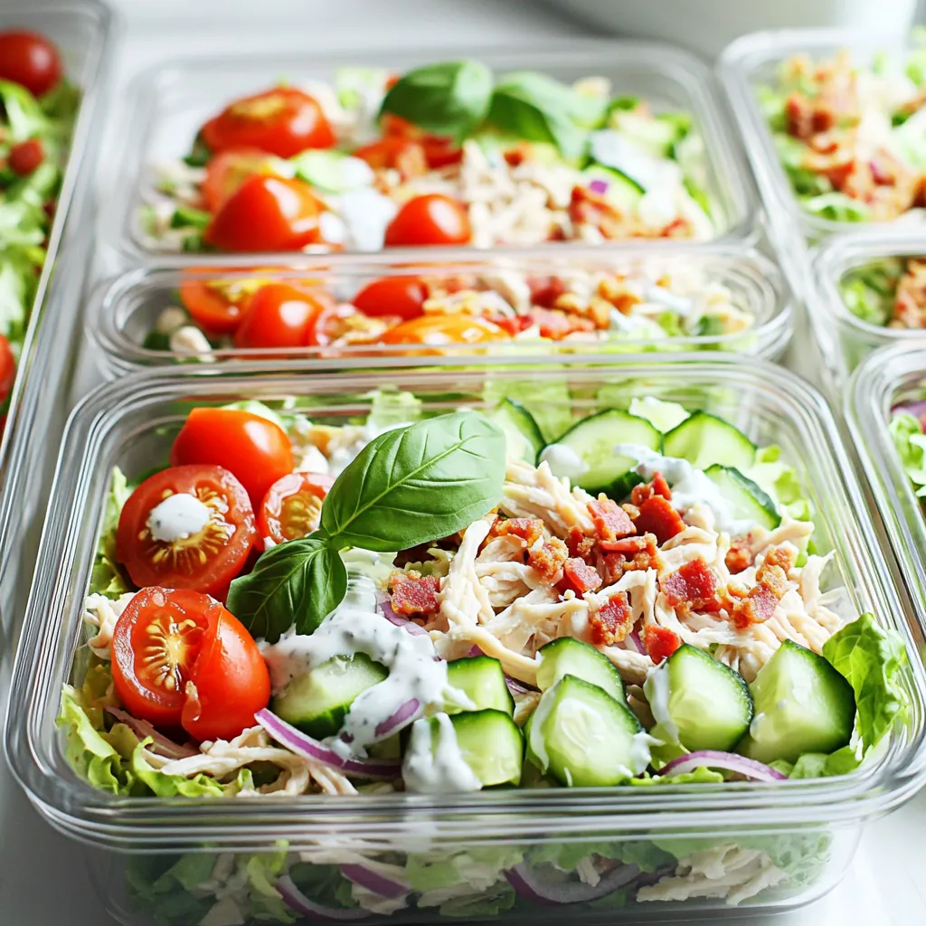 To make a tasty BLT chicken salad, gather these main ingredients: - 2 cups cooked chicken breast, shredded - 4 strips of turkey bacon, cooked and crumbled - 2 cups romaine lettuce, chopped - 1 cup cherry tomatoes, halved - 1/2 cup cucumber, diced - 1/4 cup red onion, finely chopped - 1/3 cup Greek yogurt - 1 tablespoon mayonnaise - 1 tablespoon Dijon mustard - 1 teaspoon garlic powder - Salt and pepper to taste - Fresh basil leaves, for garnish Using the right amounts helps the salad taste great. Here are the key quantities: - Chicken: Use 2 cups of cooked chicken. This gives a hearty base. - Bacon: Four strips of turkey bacon add crunch and flavor. - Lettuce: Two cups of romaine for freshness. - Tomatoes: One cup of cherry tomatoes for sweetness. - Cucumber: Half a cup keeps it crisp. - Onion: A quarter cup adds a nice bite. You can change up some ingredients for added flavor. Here are some ideas: - Lettuce: Swap romaine for arugula or spinach for a different taste. - Tomatoes: Use grape tomatoes or even diced heirloom tomatoes for variety. - Cucumber: Try zucchini or bell peppers for a unique twist. - Herbs: Add parsley or dill for extra freshness. These options keep your salad exciting and fresh. Experiment with what you like best! Start by shredding your cooked chicken breast. Place it in a large mixing bowl. Shredding makes it mix well with other ingredients. You can use rotisserie chicken for quick prep. It saves time and adds great flavor. Next, take four strips of turkey bacon. Heat a skillet over medium heat. Cook the bacon until it’s crispy, which takes about 5 to 7 minutes. Once done, let it cool. Crumble the bacon into small pieces. This adds a nice crunch to your salad. Now, it’s time to mix the main salad ingredients. Add 2 cups of chopped romaine lettuce to the bowl with chicken. Then, toss in 1 cup of halved cherry tomatoes, 1/2 cup of diced cucumber, and 1/4 cup of finely chopped red onion. These veggies bring color and freshness to your meal. In a small bowl, combine the dressing ingredients. Mix 1/3 cup of Greek yogurt with 1 tablespoon of mayonnaise and 1 tablespoon of Dijon mustard. Add 1 teaspoon of garlic powder, salt, and pepper to taste. Stir until it’s smooth and creamy. This dressing makes the salad rich and delicious. Pour the dressing over the salad ingredients. Gently fold everything together. Ensure all components are coated with the dressing. Once mixed, divide the chicken salad into meal prep containers. You can layer extra romaine on the bottom if you want. This keeps the salad fresh and crisp. Finally, add a touch of fresh basil leaves on top of each container. This adds a pop of color and a lovely aroma. Your BLT Chicken Salad is now ready for the week! Enjoy this tasty, healthy meal anytime. Meal prepping keeps your week easy and fun. Here are some tips to help you: - Choose Fresh Ingredients: Use fresh chicken and crisp veggies for the best taste. - Cook in Batches: Make more than one serving at a time. It saves time later. - Keep it Cold: Store your meal prep containers in the fridge right away. This keeps the salad fresh. - Use Airtight Containers: They help keep flavors in and moisture out. You can make this salad your own! Here are some ideas: - Add More Veggies: Try bell peppers or avocado for extra crunch and flavor. - Switch the Protein: Feel free to use grilled shrimp or chickpeas for variety. - Change the Dressing: Swap Greek yogurt for ranch or add a splash of lemon juice for zing. - Herb Options: Fresh parsley or cilantro can add a unique taste to your salad. Make your meal prep look great! Here are some easy tips: - Layer Ingredients: Start with lettuce on the bottom, then add chicken and veggies. This keeps it fresh. - Use Clear Containers: They show off the colors of your salad. It's more inviting! - Garnish: Add fresh basil leaves on top. They look nice and smell great. - Serve with Sides: Include some pita chips or whole-grain crackers for crunch. These simple tips will make your BLT Chicken Salad Meal Prep easy, tasty, and fun to enjoy! {{image_2}} You can switch out the chicken for other meats. Try turkey or shrimp for a fun twist. If you prefer plant-based options, use chickpeas or tofu. Both add protein and texture. These changes keep the salad fresh and exciting. Experiment with various dressings to change the flavor. Instead of Greek yogurt, use ranch or Caesar dressing. For a zesty kick, try adding some salsa or a splash of lemon juice. You can even mix in avocado for creaminess. These choices let you create your favorite taste. Seasonal ingredients can boost your salad's taste. In summer, add sweet corn or bell peppers for crunch. Fall brings roasted squash or apples, adding warmth. In winter, try pomegranate seeds or shredded carrots for color and sweetness. These seasonal add-ins make your salad unique each time. To keep your BLT chicken salad fresh, store it in airtight containers. Glass or plastic containers work well. Make sure to seal them tightly. This helps keep out air and moisture. If you want extra freshness, layer some romaine lettuce at the bottom. This adds a nice crunch when you eat it later. Your chicken salad lasts about 3 to 4 days in the fridge. Use it up within this time for best taste and safety. To reheat, avoid microwaving the salad. It can make the lettuce wilt. Instead, enjoy it cold or at room temperature. If you must heat it, try just warming the chicken separately. You can freeze BLT chicken salad, but it changes texture. The veggies may lose their crunch when thawed. If you want to freeze it, store just the chicken and dressing. Leave out the fresh veggies. When ready to eat, let it thaw overnight in the fridge. Add fresh veggies just before serving for the best taste. Yes, you can use regular bacon. Just cook it until crispy. The flavor will be richer. Turkey bacon is lower in fat. It gives a lighter taste. Choose what you like best! It takes about 15 minutes. This recipe is quick and easy. You can have a tasty meal ready in no time. Perfect for busy days! Yes, this recipe is gluten-free. All the ingredients are safe for gluten-free diets. Just make sure to check your brands. Some may have hidden gluten. You can serve it with crispy pita chips. Fresh fruit makes a nice side too. Enjoy it with whole grain bread for a sandwich. Each option adds a nice touch! You now have a simple guide to making BLT Chicken Salad. We covered the main ingredients, cooking steps, and tips to customize your dish. You also learned how to store it and answered common questions. Remember, this salad is not just tasty; it’s also easy to make and meal prep friendly. Experiment with different proteins and dressings for fun flavors. Enjoy your fresh, delicious BLT Chicken Salad!