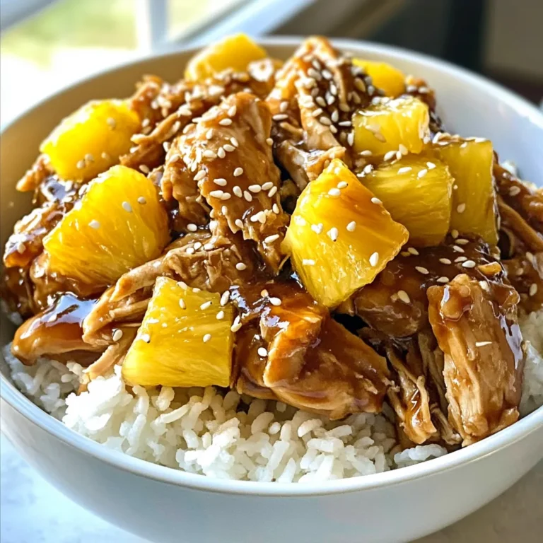 - 1.5 lbs boneless, skinless chicken thighs - 1 cup teriyaki sauce - 1 cup pineapple chunks For this recipe, the chicken thighs form the heart of the dish. They are juicy and tender after cooking. I prefer boneless and skinless thighs because they cook evenly and soak up the teriyaki sauce well. The teriyaki sauce is key to the flavor. You can use store-bought sauce, which is quick and easy. If you want a homemade option, mix soy sauce, brown sugar, and garlic. This gives you complete control over the taste. Pineapple chunks add a sweet and tangy twist. You can use fresh pineapple for a bright flavor or canned chunks if that’s what you have. Just make sure to drain the canned pineapple to avoid excess juice. When choosing teriyaki sauce, I recommend brands like Kikkoman or Soy Vay. They have a rich flavor that pairs well with chicken. If you can’t find these, any teriyaki sauce will work. If you want to make your own, combine: - 1/2 cup soy sauce - 1/4 cup brown sugar - 1 tsp minced garlic You can also swap the pineapple with other fruits. Mango or peach chunks can add a unique flavor. You will need a good-quality crockpot. I recommend a 6-quart model, which fits a good amount of food. Brands like Hamilton Beach or Crock-Pot are reliable and easy to use. For cooking, you will need basic utensils: - A cutting board - A knife for chopping - A measuring cup for the sauce This setup keeps things simple and efficient. {{ingredient_image_1}} To start, place the chicken thighs in the bottom of the crockpot. I prefer boneless, skinless thighs for their flavor and tenderness. Make sure the chicken is spread out evenly. This helps it cook well. Next, pour the teriyaki sauce over the chicken. Use enough sauce to coat all the pieces. This step is key for flavor. Each bite should be rich and tasty. Now, it’s time to layer in the pineapple chunks. Spread them over the chicken and sauce. This adds a sweet touch that balances the savory notes. The order of ingredients matters. Always put the sauce on first. It helps the chicken stay moist during cooking. The pineapple should go on top to prevent it from getting too mushy. You can set your crockpot to low or high. If you choose low, cook for 6-7 hours. For a quicker meal, use high for 3-4 hours. To check doneness, use a fork. The chicken should shred easily. If it does, you’re ready to serve. Remember, the longer it cooks on low, the more flavors blend. To boost flavor, marinate your chicken in teriyaki sauce. Do this for at least an hour, or overnight if you have time. This step helps the chicken soak up all that sweet and salty goodness. For garnishing, add sesame seeds and chopped green onions on top before serving. This makes the dish look pretty and adds a nice crunch. When it’s time to shred the chicken, use two forks. This helps break it apart easily. Make sure to shred the chicken right in the crockpot. That way, it mixes well with the sauce and pineapple. Stir it all together so every bite is tasty. Serve your teriyaki chicken over steamed rice or noodles. Both options soak up the sauce well. You can also try serving it with a side of stir-fried veggies for extra color and crunch. If you want to switch things up, consider a fresh salad. A light, crunchy salad can balance the rich flavors of the chicken. Pro Tips Use Fresh Ingredients: Fresh pineapple adds a vibrant flavor and texture, making your dish even more delicious. If using canned, make sure to drain it well to avoid excess moisture. Customize Your Sauce: If you prefer a spicier kick, add red pepper flakes or sriracha to the teriyaki sauce. This will elevate the flavor profile and add some heat! Perfect Shredding: For easier shredding, let the chicken rest for a few minutes after cooking. This allows the juices to redistribute, making the chicken more tender and easier to shred. Serve with Toppings: Enhance your dish by garnishing with sesame seeds and chopped green onions. These toppings not only add flavor but also a visually appealing finish! {{image_2}} You can use chicken breasts instead of thighs. Chicken breasts are leaner but can dry out if overcooked. Thighs stay juicy, making them a great choice. For fruit, try using mango or peaches instead of pineapple. These fruits add a nice sweetness and twist to the dish. Add some veggies to your crockpot for extra flavor. Bell peppers or onions work well. They cook down and blend perfectly with the chicken and sauce. For a spicy kick, stir in sriracha or fresh ginger. Both add heat and depth to your teriyaki chicken. Switch up how you serve this dish. Make wraps using tortillas or lettuce leaves. They are fun and easy to eat. You can also pack it into meal prep containers. This way, you have tasty lunches ready for the week. To store your teriyaki chicken, let it cool first. Place it in an airtight container. This helps keep it fresh and tasty. In the fridge, it lasts for about 3 to 4 days. You can also store the sauce separately if you want. This keeps the chicken from getting too soggy. You can freeze cooked teriyaki chicken for later. Use a freezer-safe bag or container. Make sure to remove as much air as you can. Label it with the date. It stays good for up to 3 months. When you are ready to eat, thaw it overnight in the fridge. To reheat, put it in a pan over medium heat. Stir until warmed through. You can also heat it in the microwave. Leftover teriyaki chicken is great for quick meals. You can make a tasty wrap or sandwich. Just add some lettuce and your favorite veggies. Another idea is to toss it in a salad. The flavors mix well with greens and nuts. You can also use it in fried rice or noodles. Just add some soy sauce and veggies for a fun meal! Cooking time varies by setting. For low heat, it takes 6-7 hours. On high heat, it cooks in 3-4 hours. Always check if the chicken is tender and easy to shred. Yes, you can use frozen chicken thighs. Just add extra cooking time. If cooking on low, aim for 7-8 hours. For high, cook for 4-5 hours. Always ensure the chicken reaches 165°F for safety. If you need a substitute, try soy sauce mixed with honey. You can also use barbecue sauce for a different flavor. To make homemade teriyaki sauce, mix soy sauce, brown sugar, and a bit of ginger. This recipe has boneless, skinless chicken thighs and pineapple. It’s a good source of protein and vitamins. However, teriyaki sauce can be high in sugar. Use low-sugar sauce for a healthier option. You can prepare this dish ahead of time. Simply cook it and store in the fridge. It lasts for up to 4 days. Reheat gently before serving. For meal prep, divide into portions for easy meals later. This blog post covered how to make Three Ingredient Crockpot Teriyaki Chicken. We discussed ingredients, equipment, and cooking steps. I shared tips to boost flavor and texture. You can easily switch ingredients for fun variations. Storage info ensures your leftovers stay fresh. In summary, this recipe is simple and versatile. You can enjoy it in many ways. Your cooking can be stress-free, tasty, and full of options. Happy cooking!