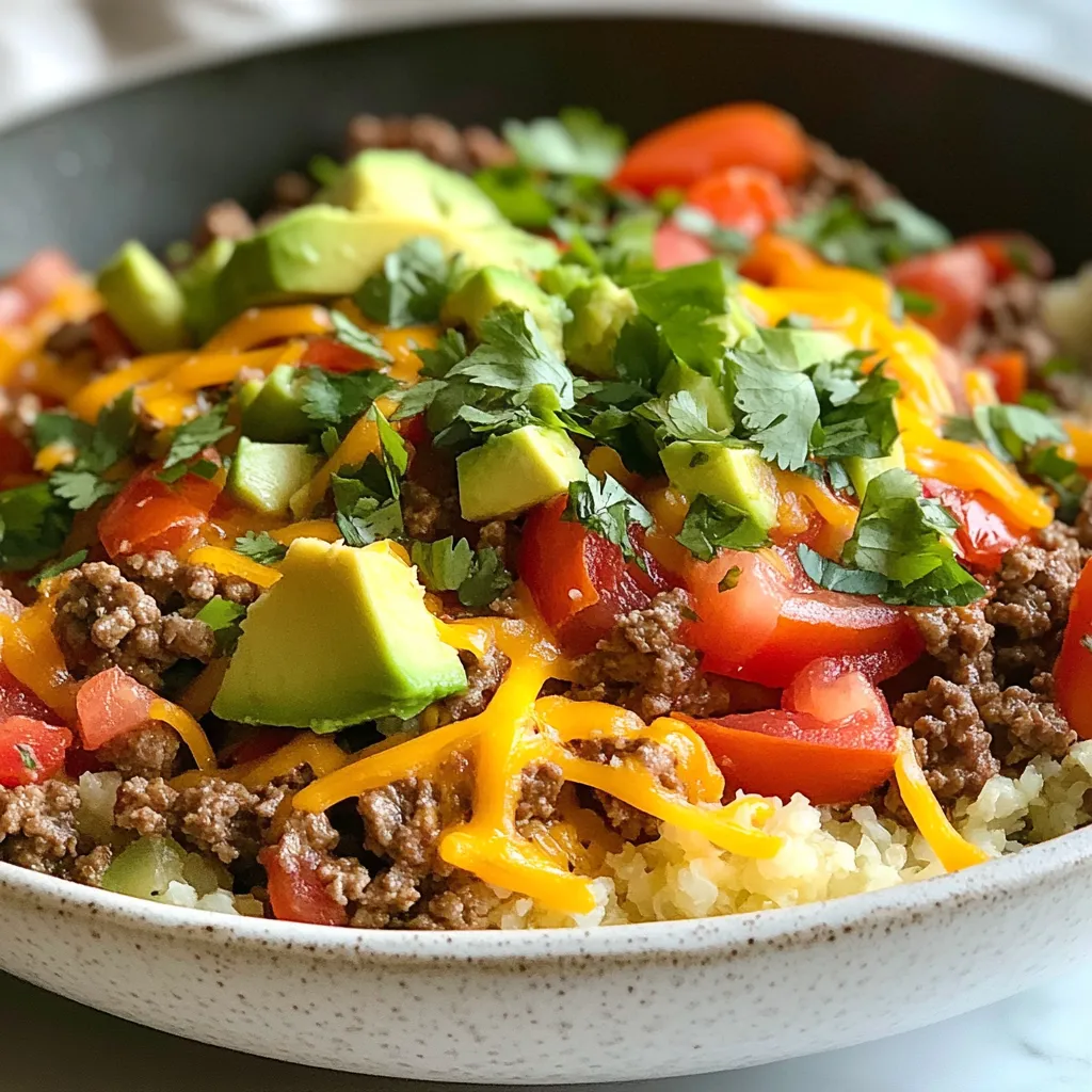 For this dish, you can use either ground beef or turkey. Both options are great. I prefer ground beef for its rich flavor, but turkey is leaner. Choose what you like best. Both cook up well in the skillet. This recipe calls for a few key veggies. You will need: - 1 medium onion, diced - 1 bell pepper, diced (any color will work) - 2 cloves garlic, minced - 1 can (14 oz) diced tomatoes, no salt added The onion adds sweetness, while the bell pepper gives crunch. Garlic packs in flavor. Diced tomatoes add moisture and tang. The spices bring this dish to life. Use: - 1 tablespoon taco seasoning (homemade or store-bought) - Salt and pepper to taste Taco seasoning has warm spices like cumin and chili powder. It gives that classic taco flair. Make sure to taste and adjust salt and pepper as needed. {{ingredient_image_1}} Start by gathering all your ingredients. You will need: - 1 lb ground beef or turkey - 1 medium onion, diced - 2 cloves garlic, minced - 1 bell pepper, diced - 1 can (14 oz) diced tomatoes, no salt added - 1 tablespoon taco seasoning - 1 cup cauliflower rice - 1 cup shredded cheese - 1 avocado, diced - ¼ cup fresh cilantro, chopped - Salt and pepper - 1 tablespoon olive oil Make sure to wash and chop your veggies first. Dicing the onion, bell pepper, and garlic helps them cook evenly. If you use frozen cauliflower rice, you can skip the chopping. In a large skillet, heat the olive oil over medium heat. Add the diced onion and sauté for about 3-4 minutes. You want the onion to turn soft and clear. Next, stir in the minced garlic and diced bell pepper. Cook these for another 2-3 minutes until the pepper softens. Add the ground beef or turkey to the skillet. Cook it until browned, breaking it apart as it cooks. If there is extra fat, drain it off. Once the meat is cooked, stir in the diced tomatoes and taco seasoning. Mix everything well. Now, it's time for the cauliflower rice. Add it to the skillet and cook for about 5-7 minutes. This allows the flavors to blend and the cauliflower to heat through. Season with salt and pepper to taste before moving on. Remove the skillet from heat. Sprinkle the shredded cheese evenly over the mixture. Cover the skillet for a few minutes to let the cheese melt. This creates a delicious, gooey topping. When ready to serve, top with diced avocado and chopped cilantro. This adds a fresh touch. For a rustic look, serve the dish directly from the skillet. You can also add extra cilantro and sliced jalapeños for color and heat. Enjoy your Lazy Keto Taco Skillet! For a tasty dish, start with good meat. I like to use either ground beef or turkey. Beef gives a rich taste, while turkey is leaner. Make sure to cook the meat until brown. This step adds depth to the flavor. Use a spatula to break it apart as it cooks. If you see extra fat, drain it. This keeps your dish light and healthy. Cauliflower rice is a great low-carb swap. I suggest using fresh cauliflower if you can. It has a better texture. If you use frozen, thaw it first. This avoids excess water in your skillet. Cook it only for about five to seven minutes. You want it tender but not mushy. Stir it in well with the meat mixture. This helps all the flavors blend. Adjusting the spice level is easy. If you like it mild, stick to one tablespoon of taco seasoning. If you want more heat, add more seasoning or some chili powder. You can also toss in sliced jalapeños for extra kick. Taste as you go. This way, you can find the right balance for your palate. Pro Tips Use Fresh Ingredients: Fresh vegetables and high-quality meats will enhance the flavor of your dish significantly. Customize Your Spice Level: Adjust the taco seasoning to your taste; add extra chili powder or diced jalapeños for more heat. Opt for Low-Carb Alternatives: Substitute cauliflower rice with zucchini noodles or shredded cabbage for a different twist. Make It Ahead: Prepare the skillet in advance and reheat for a quick meal during busy weeknights. {{image_2}} You can easily swap the ground beef or turkey for chicken. Use one pound of diced chicken breast or thighs. Cook the chicken until golden brown, then add the rest of the ingredients. The chicken will soak up the flavors well. You get a leaner protein option while keeping the dish tasty. To make a vegetarian version, skip the meat. Instead, add a mix of beans like black or pinto beans. Use two cups of beans to replace the meat. You can also add more veggies like zucchini or mushrooms. This option is filling and rich in protein while staying low in carbs. If you want to change the cheese, try different types. Goat cheese or feta adds a tangy flavor. You can also use dairy-free cheese for a vegan option. Just remember to adjust the amount based on your taste. Each cheese choice can make the dish unique and delicious. To keep your Lazy Keto Taco Skillet fresh, let it cool first. Then, transfer it to an airtight container. It stays good in the fridge for 3 to 4 days. Make sure to label the container with the date you made it. This way, you will know how long it lasts. When you are ready to enjoy your leftovers, use the stove or microwave. For the stove, place the skillet over low heat. Stir often until it heats through. If using the microwave, put a portion in a bowl. Cover it with a paper towel and heat for 1 to 2 minutes. Stir halfway for even heating. If you want to save your taco skillet for later, freezing is a great option. First, let it cool completely. Then, scoop portions into freezer-safe bags or containers. Remove as much air as possible before sealing. This keeps the flavors locked in. It can last in the freezer for up to 3 months. When you’re ready to eat, thaw it overnight in the fridge before reheating. You can use broccoli rice instead of cauliflower rice. It has a similar texture. Zucchini noodles also work well if you want a lighter option. If you want something heartier, try using quinoa or brown rice. Just keep in mind that those are not keto-friendly. Yes, this recipe is gluten-free. The main ingredients are meat, veggies, and cheese. Just check the taco seasoning label. Some brands may add gluten. You can also make your own taco seasoning to be safe. To add heat, include jalapeños or chili powder. You can also use spicy salsa or hot sauce. Adjust the amount to your taste. If you want lots of spice, try adding crushed red pepper flakes while cooking. Yes, you can make this dish ahead of time. Cook it and let it cool. Store it in the fridge for up to three days. When ready, reheat in a skillet or microwave. The flavors will blend even more over time! This blog post covered how to create a flavorful meal using the right ingredients. We discussed various protein options, vegetables, and spices to enhance taste. Step-by-step, I guided you through preparation, cooking, and finishing touches. You learned tips to ensure flavor and how to customize spice levels. We also explored variations, storage, and frequently asked questions. In summary, this meal is easy, tasty, and adaptable. Enjoy cooking and let your taste buds guide you!